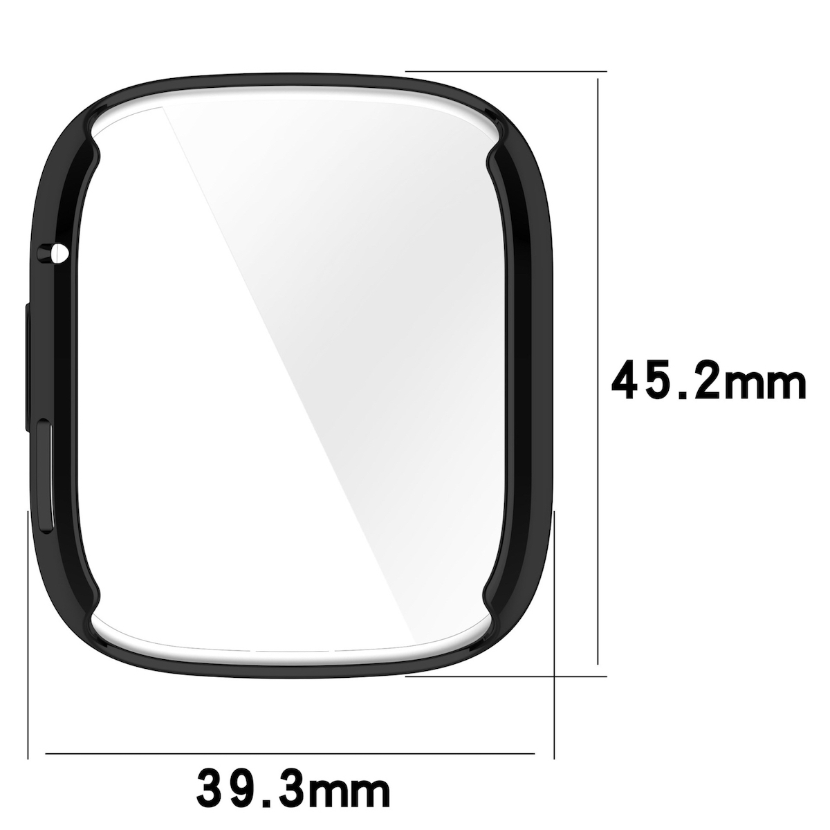 Schwarze Handyhülle, Abmessungen gezeigt. 45,2 mm x 39,3 mm. Weißer Hintergrund.