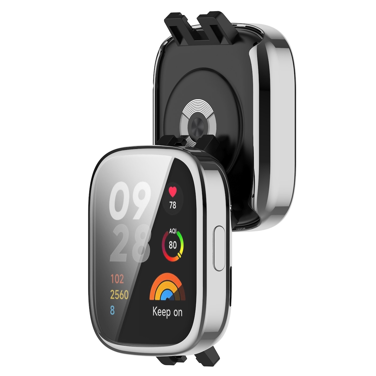 Un smartwatch con una pantalla que muestra datos. Está conectado a una base negra.