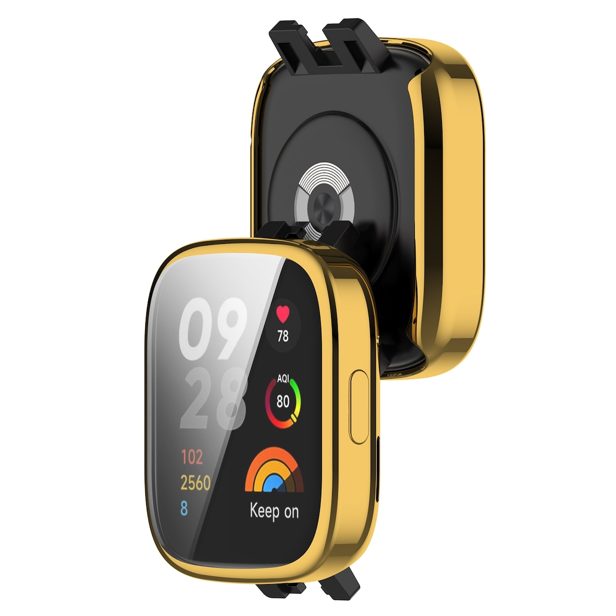 Goldene Uhrenhülle mit LCD-Bildschirm.
