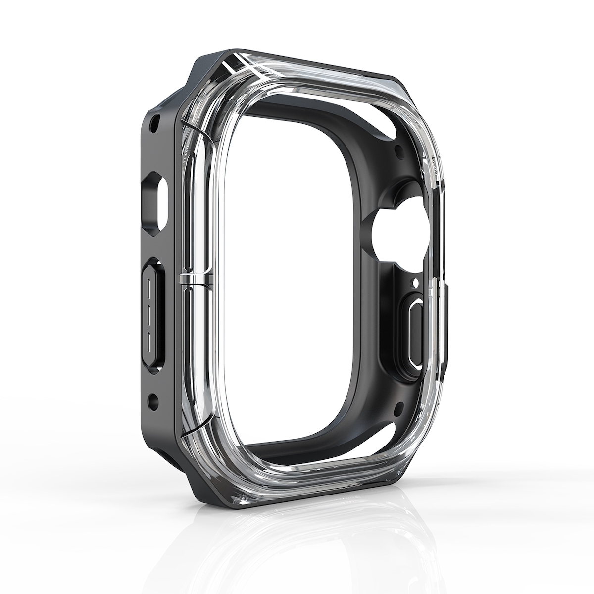 Schwarze und transparente Apple Watch Hülle. Weißer Hintergrund.