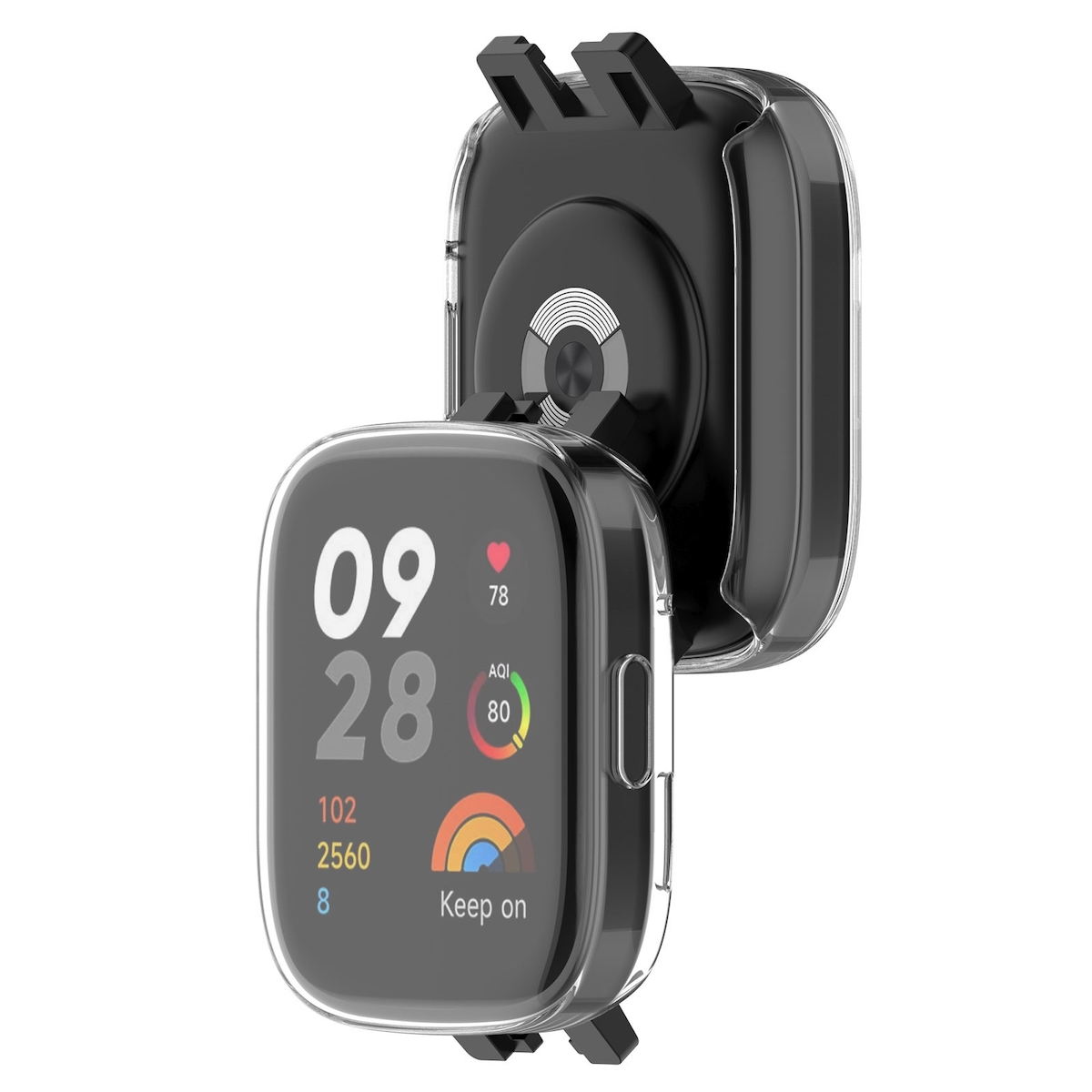 Smartwatch en una funda transparente, muestra la hora y métricas de salud. La funda está sujeta a un soporte negro.