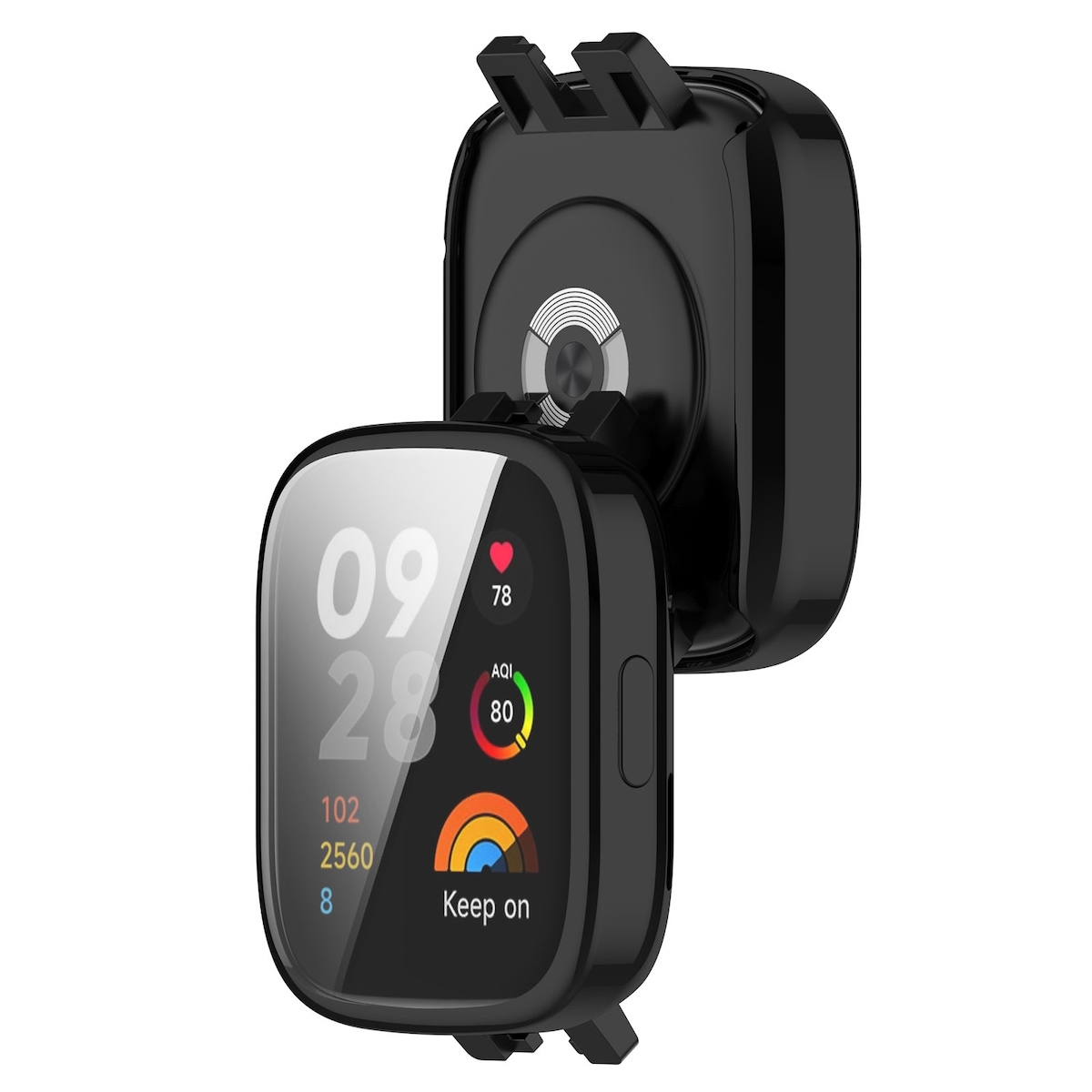Smartwatch negra en una base, con pantalla que muestra hora, frecuencia cardíaca y AQI.