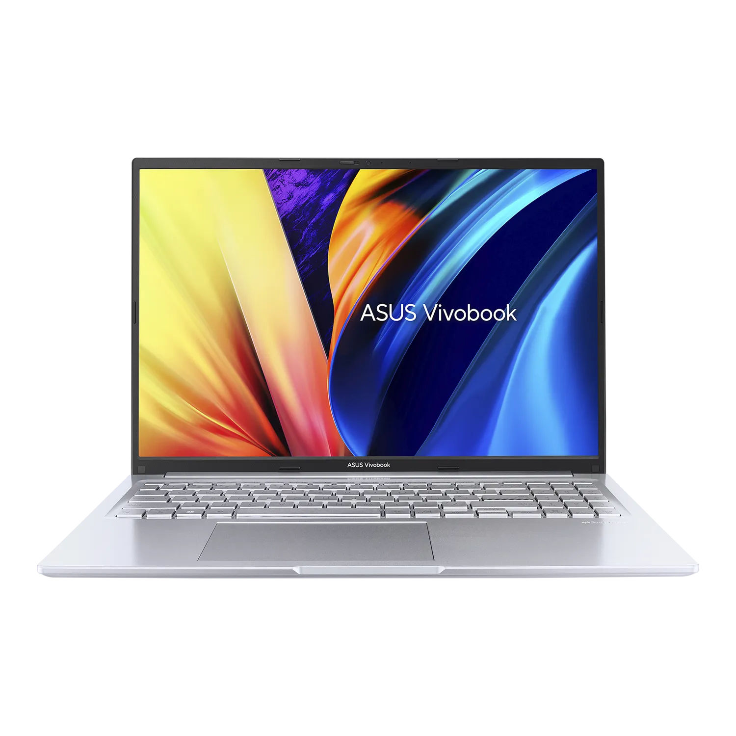 Ein silberner Laptop mit farbenfroher Bildschirmanzeige. Tastatur und Touchpad sind sichtbar. Der Markenname ist auf dem Bildschirm.