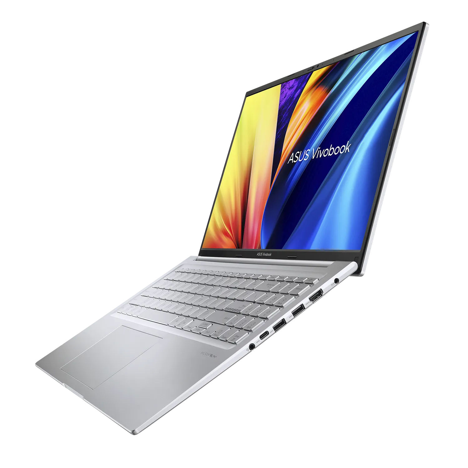 Ein silberner Laptop wird in einem Winkel gezeigt. Der Bildschirm zeigt ein farbenfrohes ASUS Vivobook-Logo.
