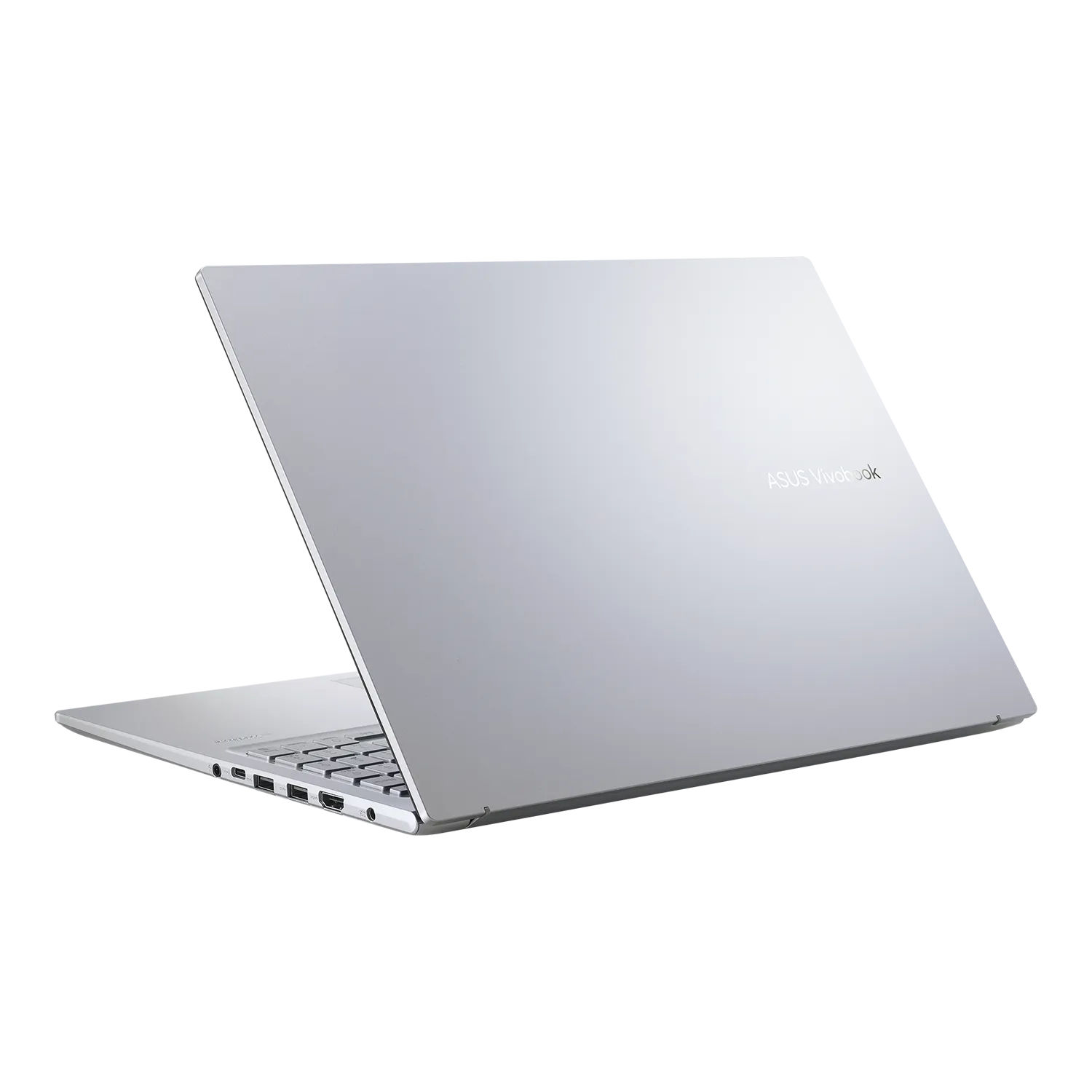Die Rückseite eines silbernen ASUS-Laptops wird angezeigt und zeigt ein Logo und Anschlüsse. Der Laptop ist geöffnet.