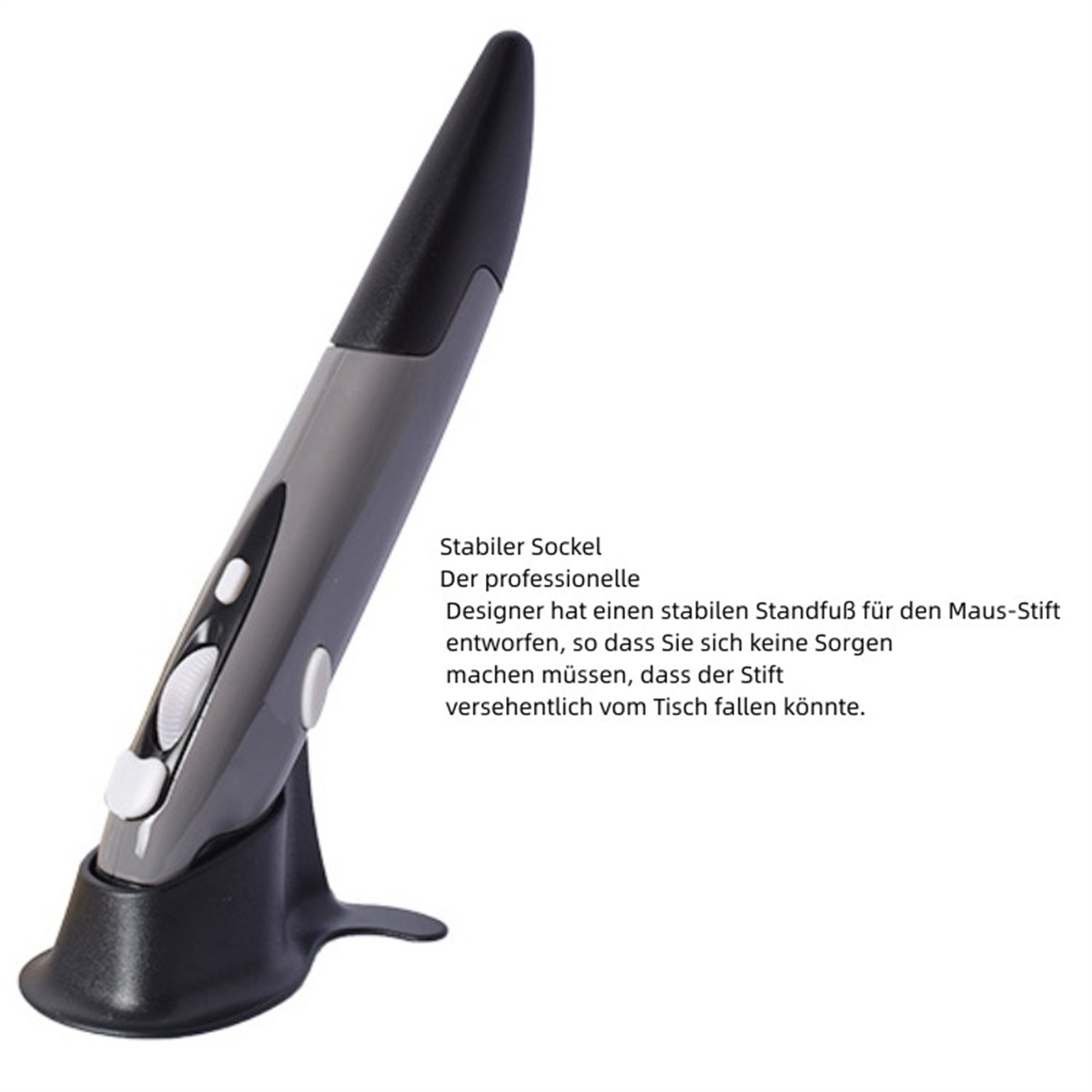 Grauer Eingabestift auf einem schwarzen Ständer. Text auf Deutsch, beschreibt die Eigenschaften.