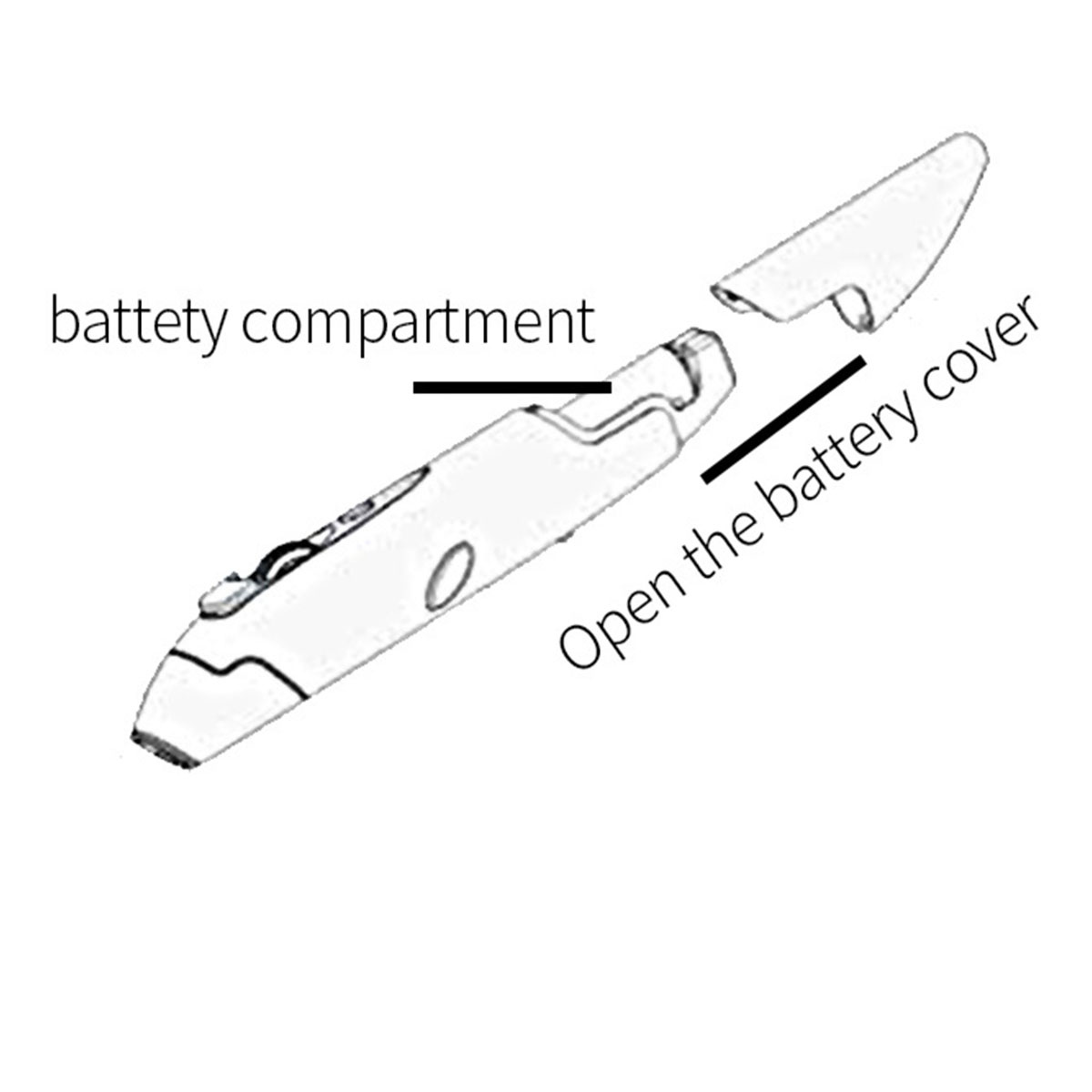 Ein weißes stiftähnliches Gerät mit Beschriftungen für Batteriefach und Batterieabdeckung.