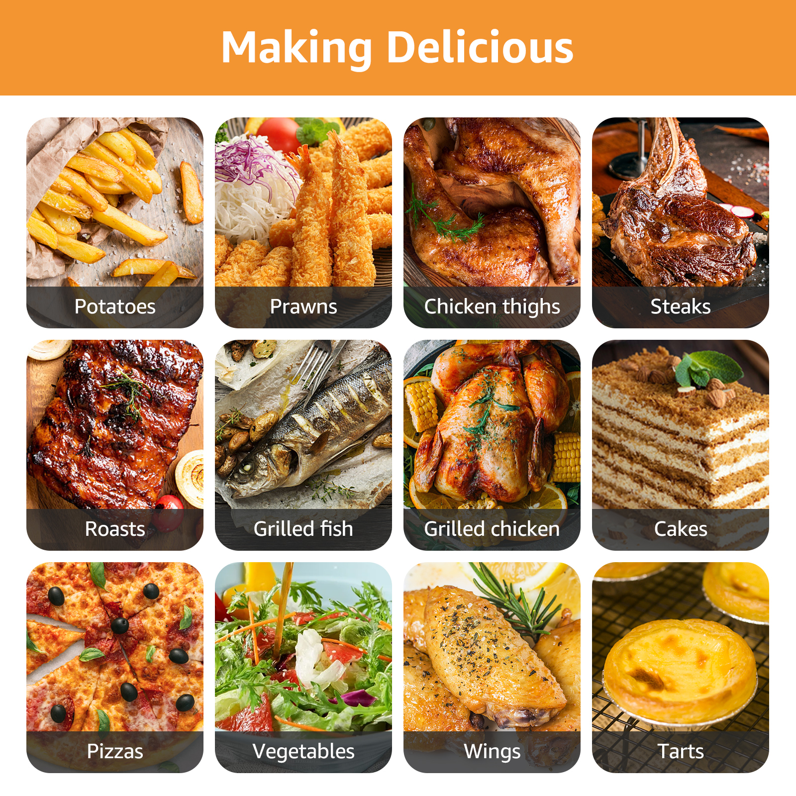 Un collage de fotos de comida: patatas, gambas, pollo, filetes, asados, pescado, pasteles, pizza, verduras, alitas, tartas.