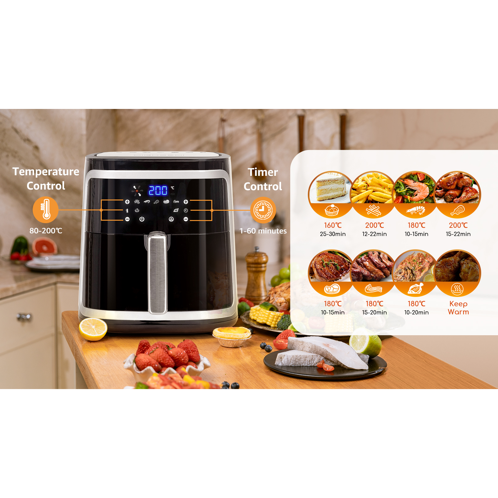 Freidora de aire negra con pantalla e iconos de comida. Frutas y comida cocinada.