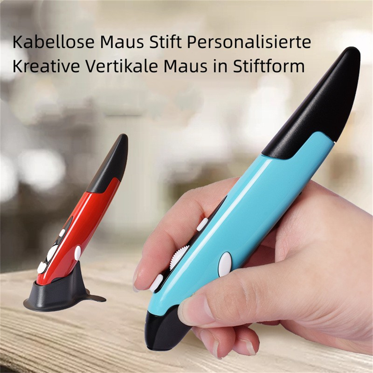 Blaue stiftförmige Maus in der Hand. Eine rote Maus befindet sich links.