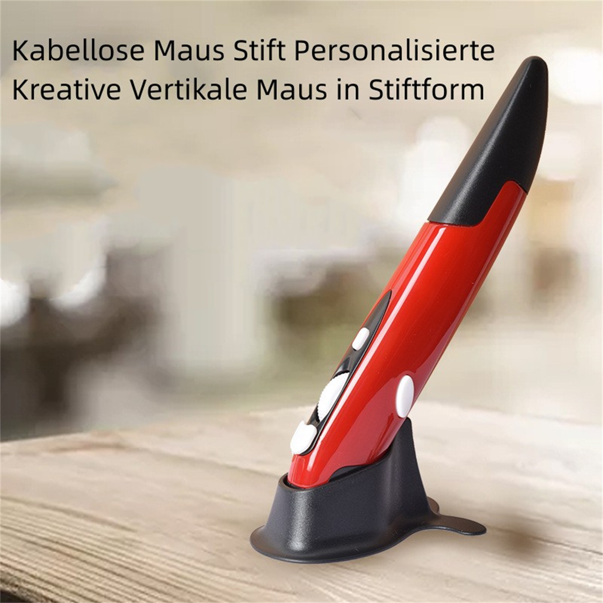 Rote stiftförmige Maus auf einem Ständer, auf einem Holztisch.