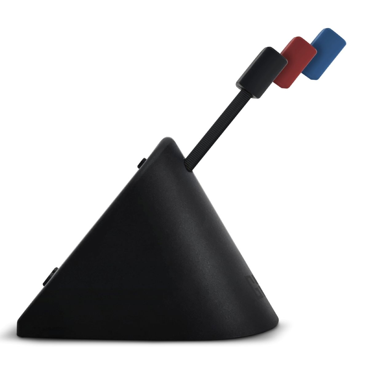 Schwarzer Maus-Bungee mit roten, blauen und schwarzen Kabelhaltern auf Weiß.