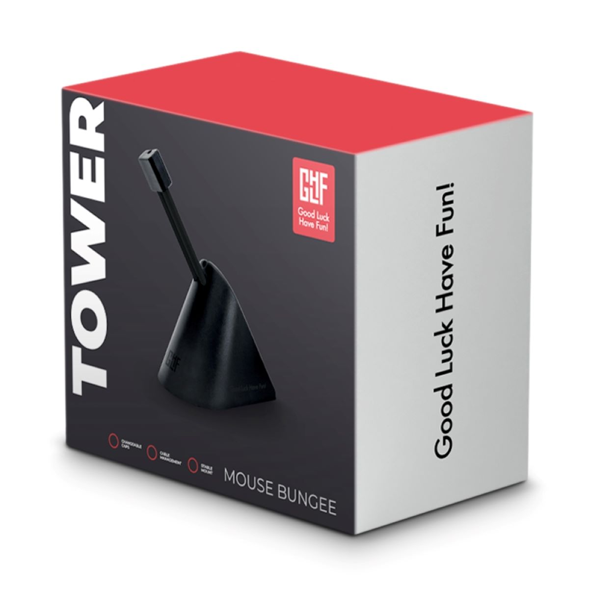 Eine Box mit einem Maus-Bungee. Der Text auf der Box lautet Tower und Good Luck Have Fun!