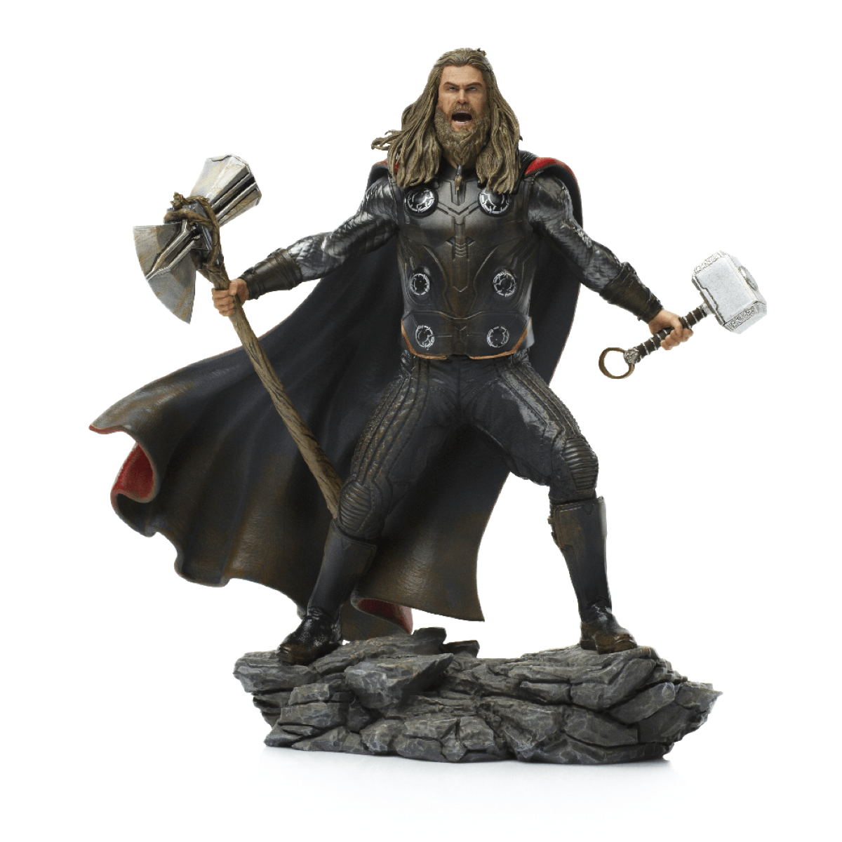Thor-Figur auf Felsen mit zwei Hämmern und Umhang.