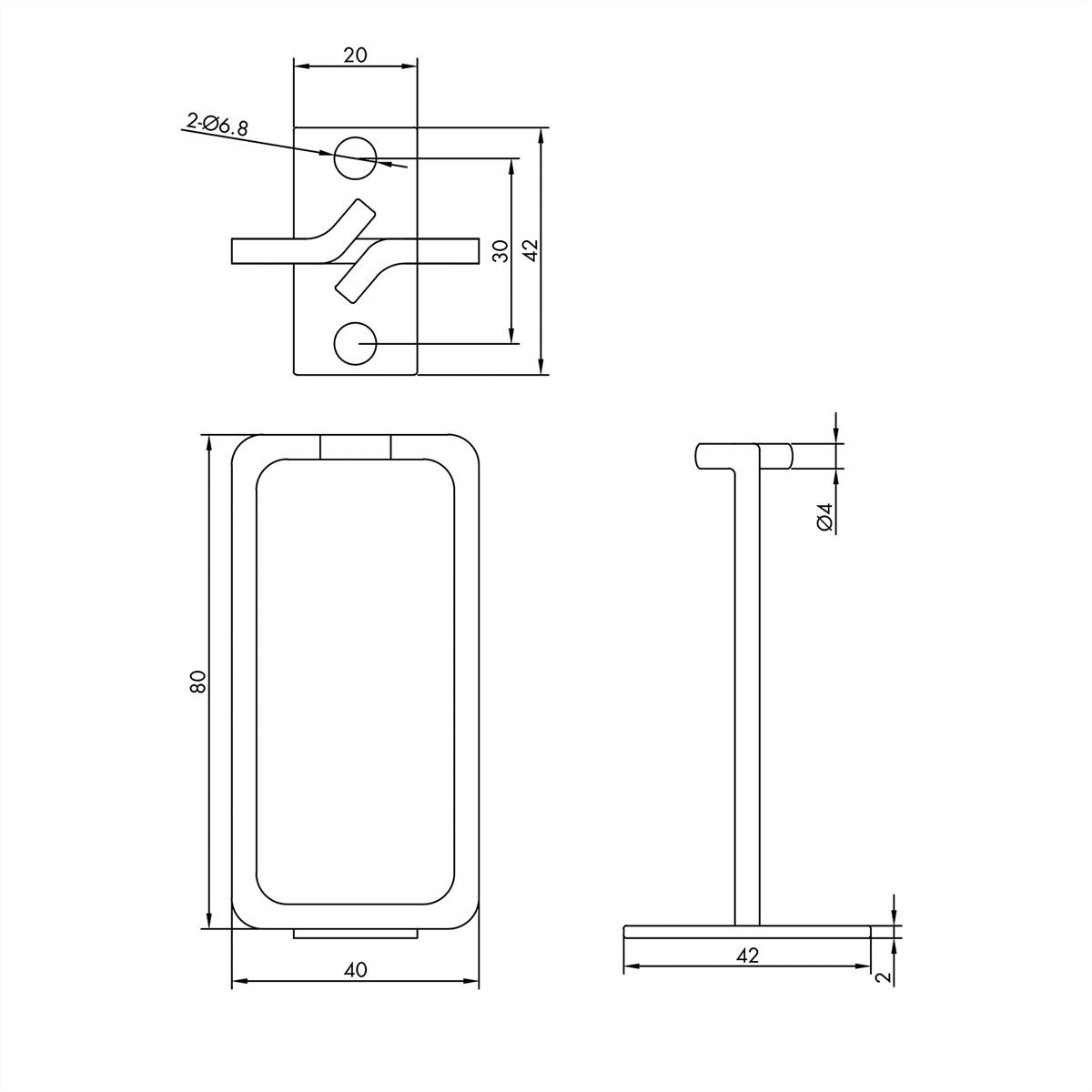 Disegno tecnico di un gancio metallico con dimensioni.