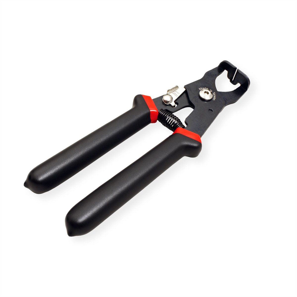 A chain tool with black and red handles, lying on a white surface.