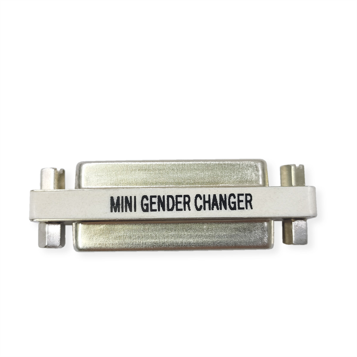 Un adaptateur mini changeur de genre argenté avec le texte 'MINI GENDER CHANGER'.