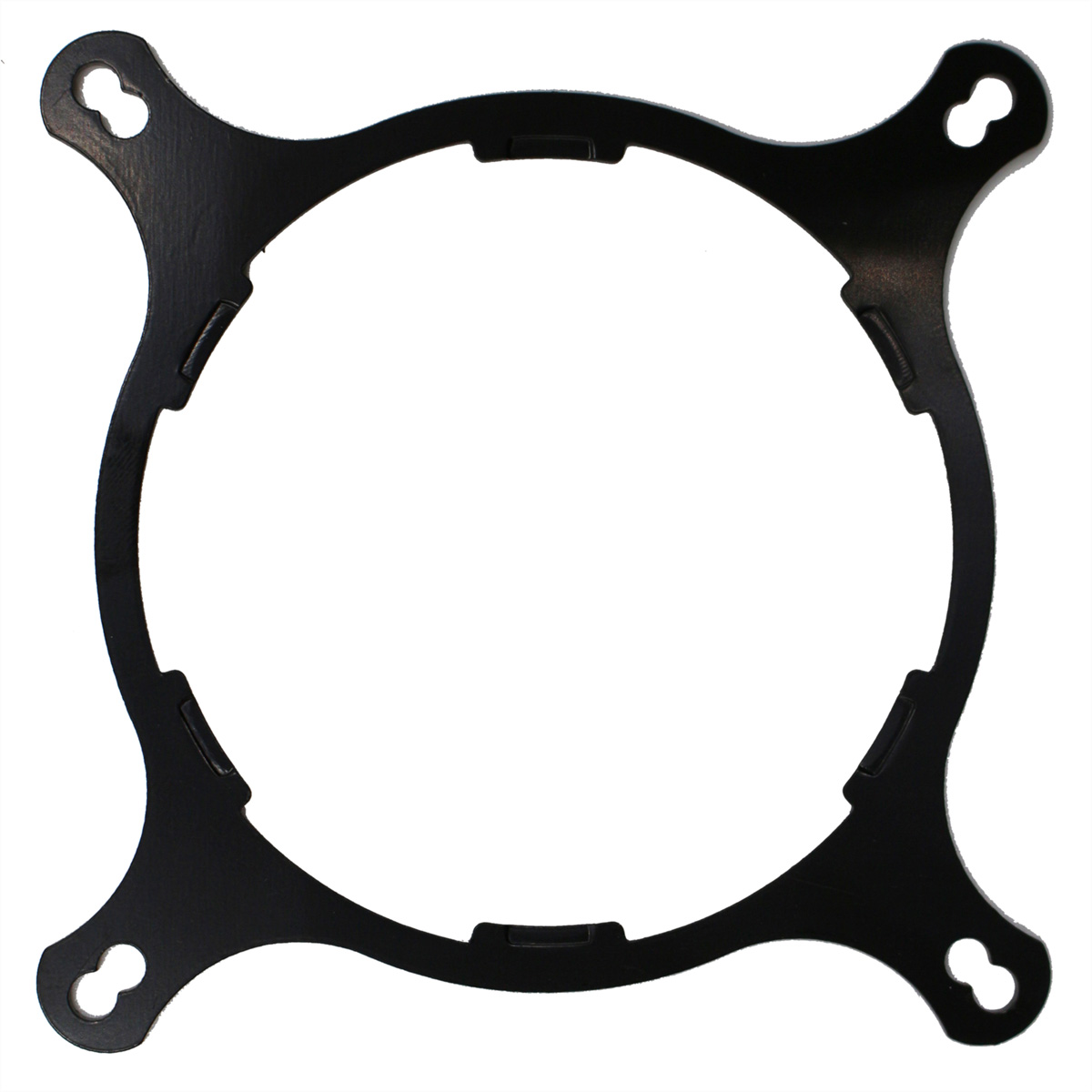 Ein schwarzer quadratischer Rahmen mit abgerundeten Ecken und Löchern zur Befestigung.