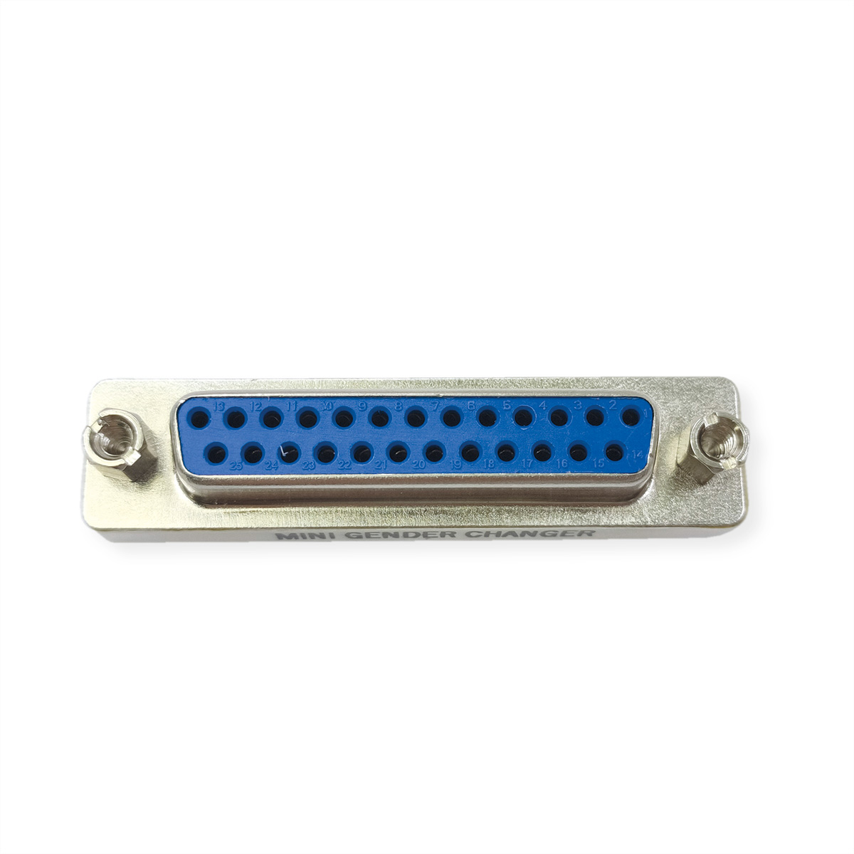 Un connecteur mini changeur de genre bleu et argenté.