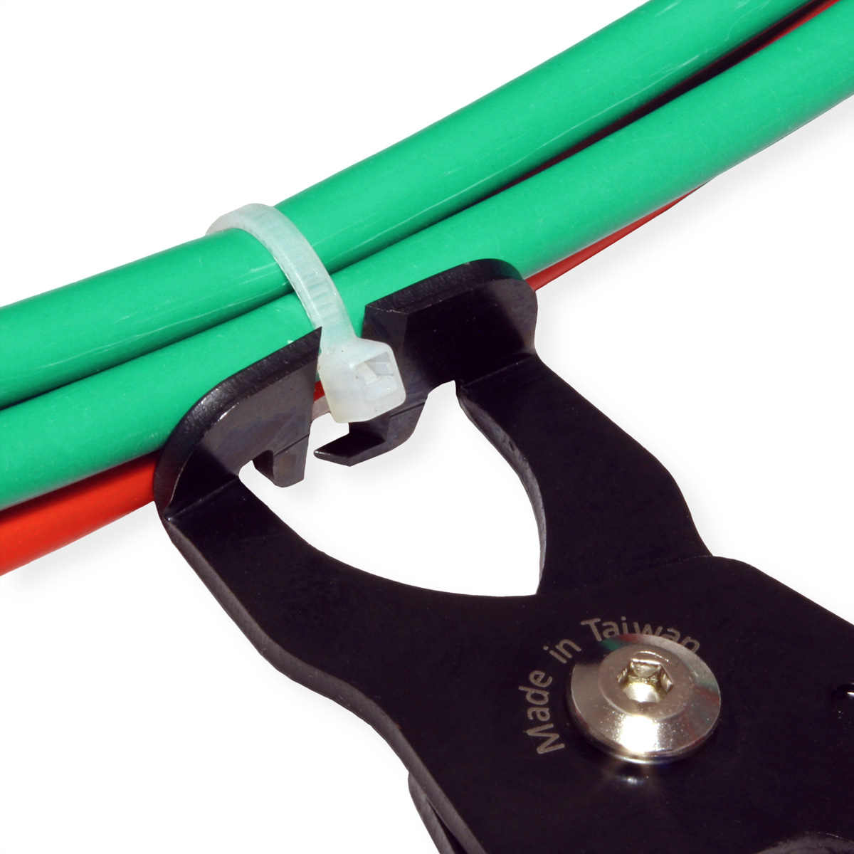 Pliers cutting a cable tie around green and red cables. Black pliers with 'Made in Taiwan' text.