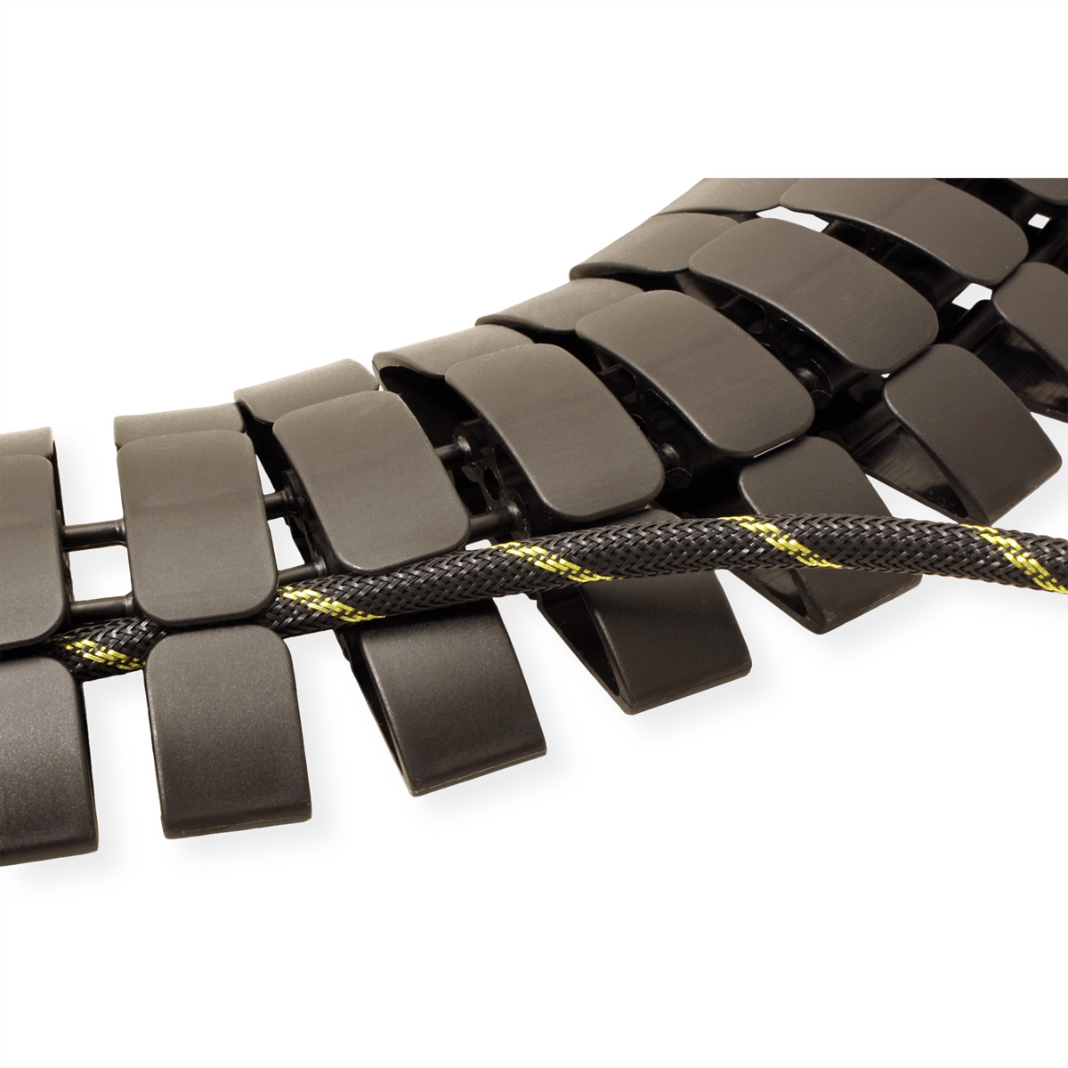 Black cable organizer with rectangular segments and a black and yellow cable.