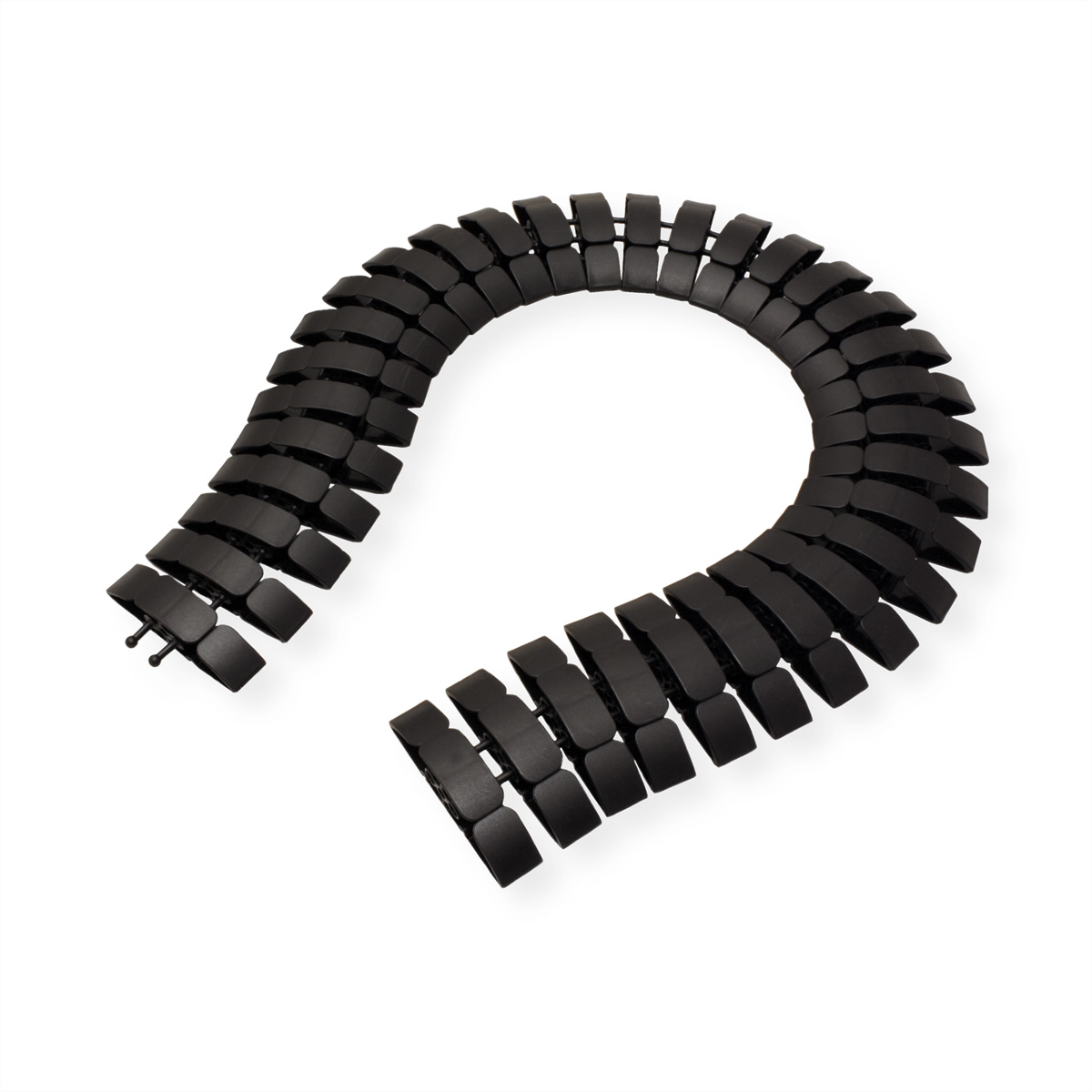 Black, segmented cable protector on a white background.