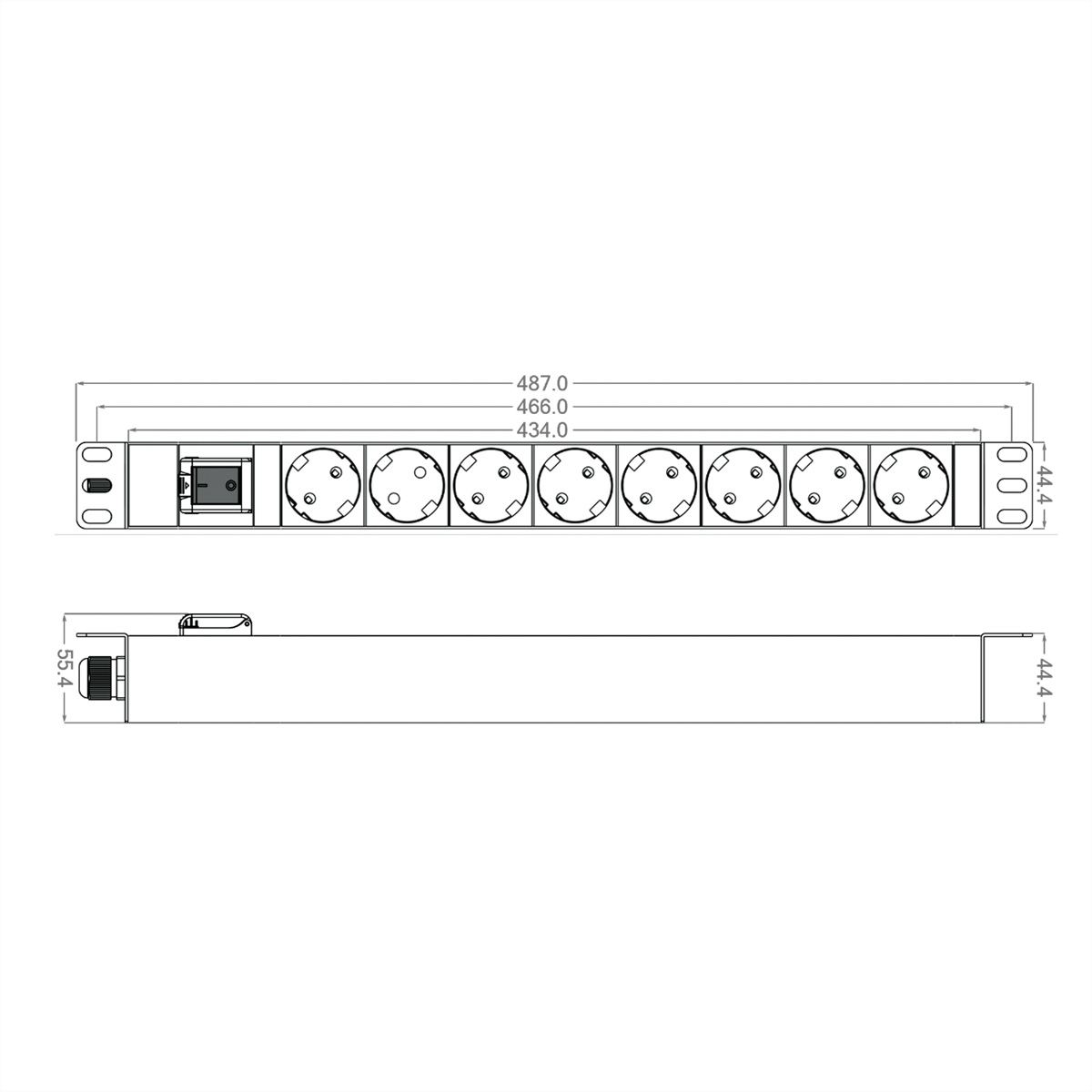 Technische tekening van een stekkerdoos met meerdere stopcontacten en afmetingen.