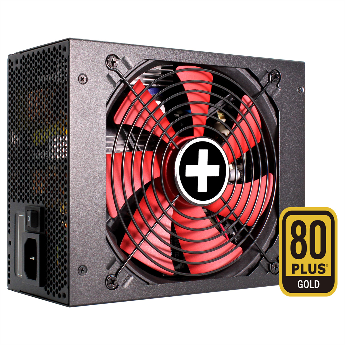 Zwarte computer voeding met rode ventilator en het 80 PLUS GOLD logo.