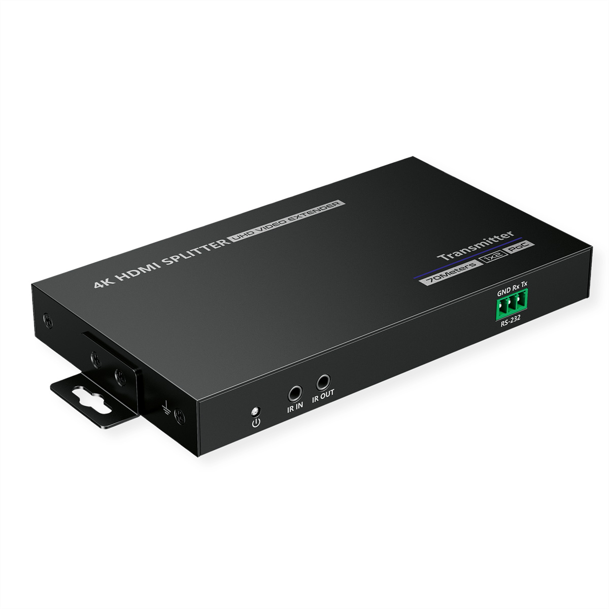 Ein schwarzer 4K HDMI-Splitter und UHD-Video-Extender mit Anschlüssen und Beschriftungen.