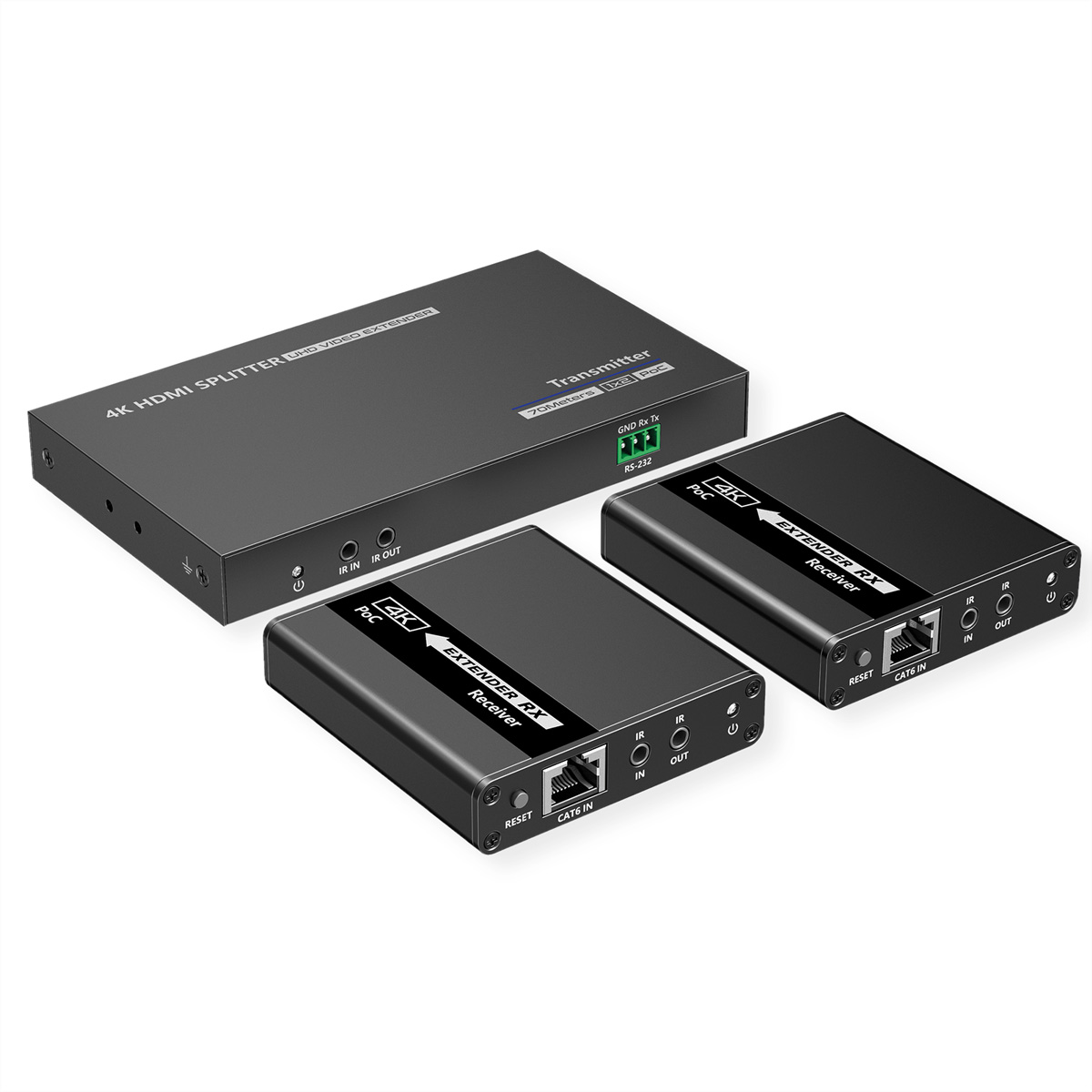 Ein Satz schwarzer HDMI-Splitter und -Extender. Enthält einen Sender und zwei Empfänger, mit beschrifteten Anschlüssen.
