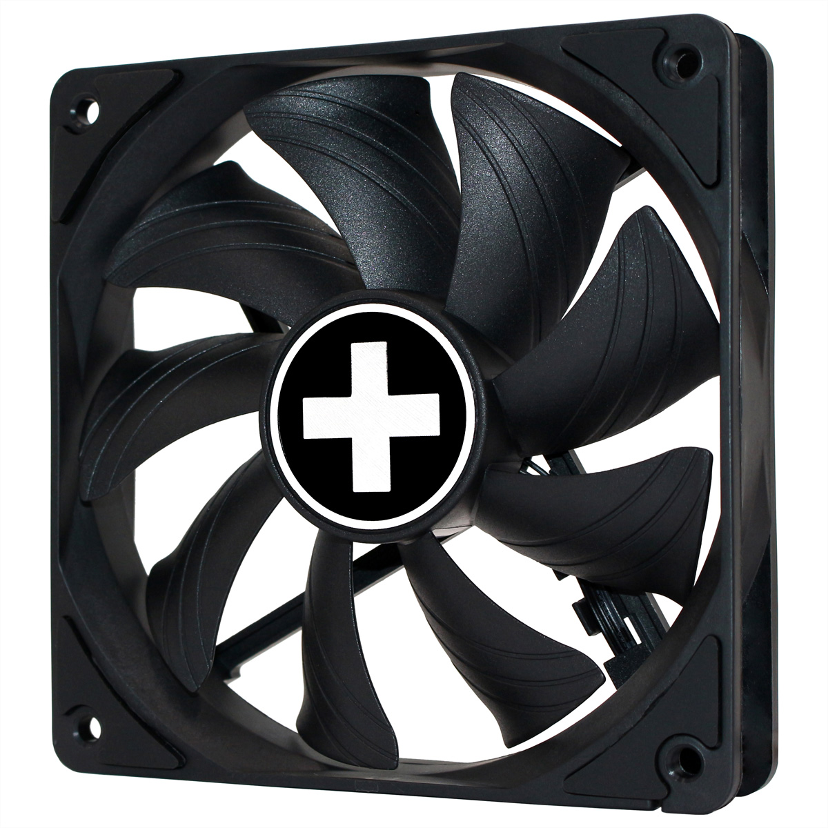 A black computer fan with a white cross logo in the center, isolated on white.