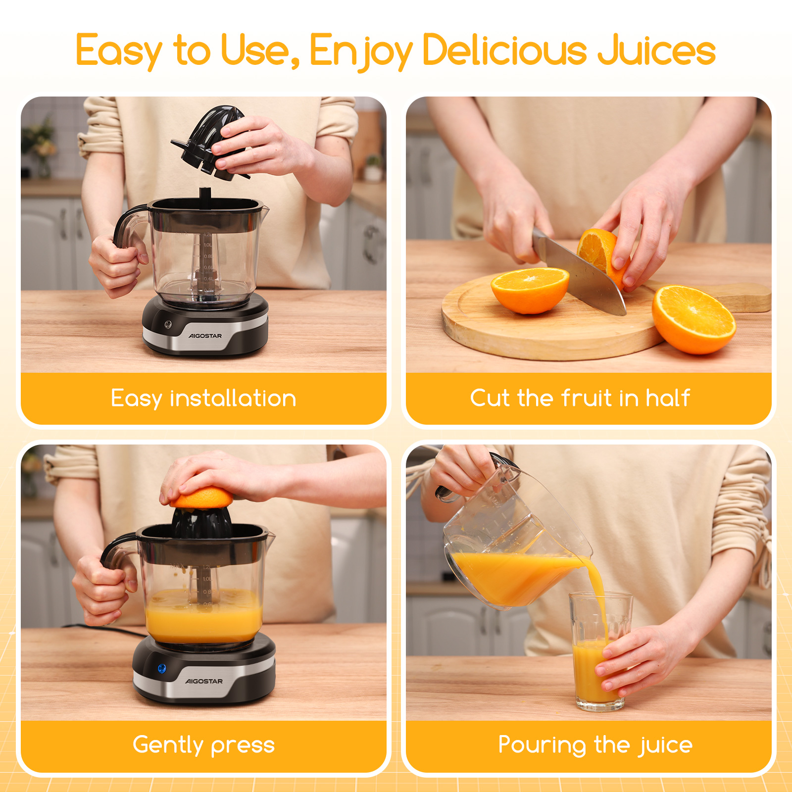 Cuatro imágenes que muestran los pasos para exprimir naranjas: configuración, corte, prensado y vertido de jugo.