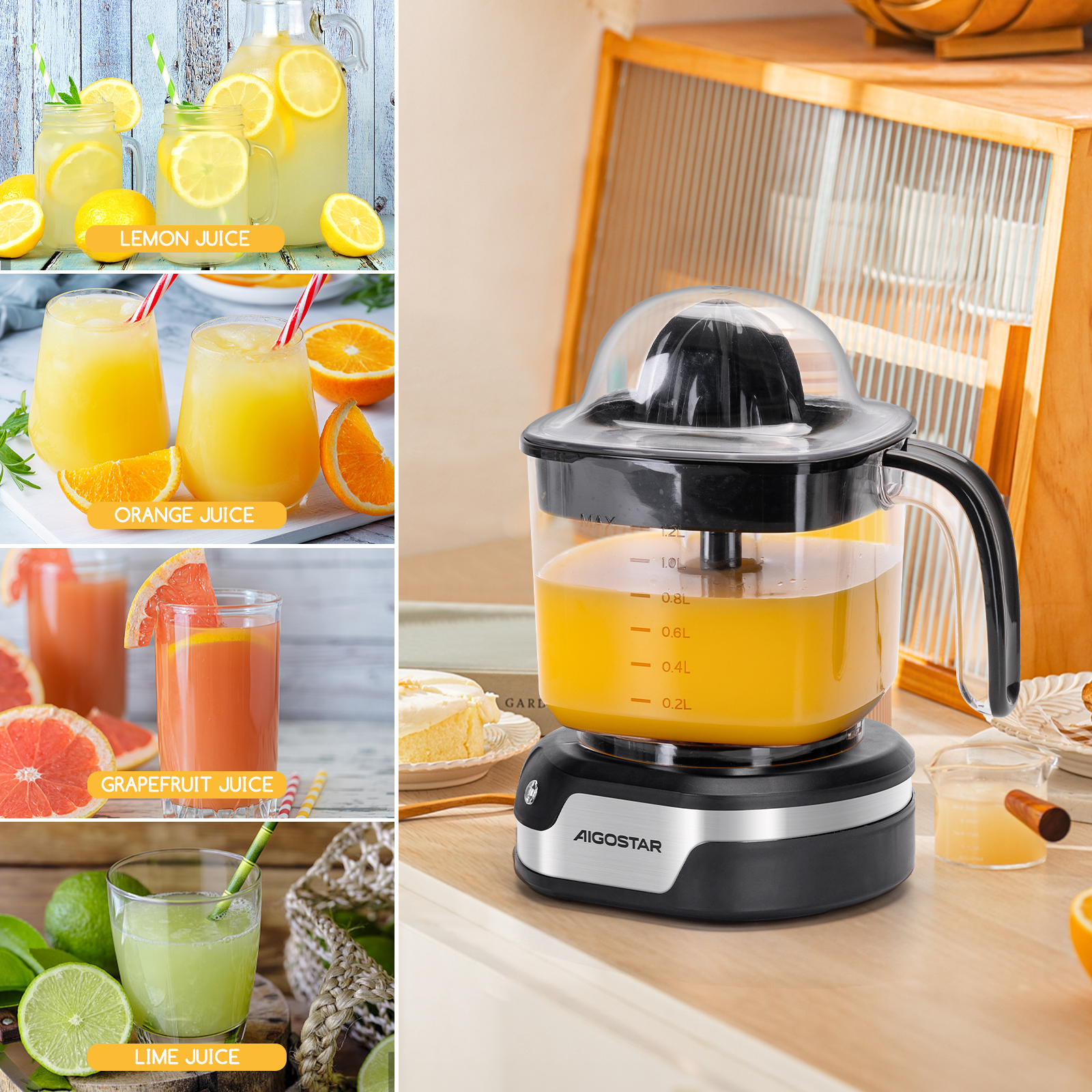 Una exprimidora con varios jugos y frutas, mostrados en un collage.