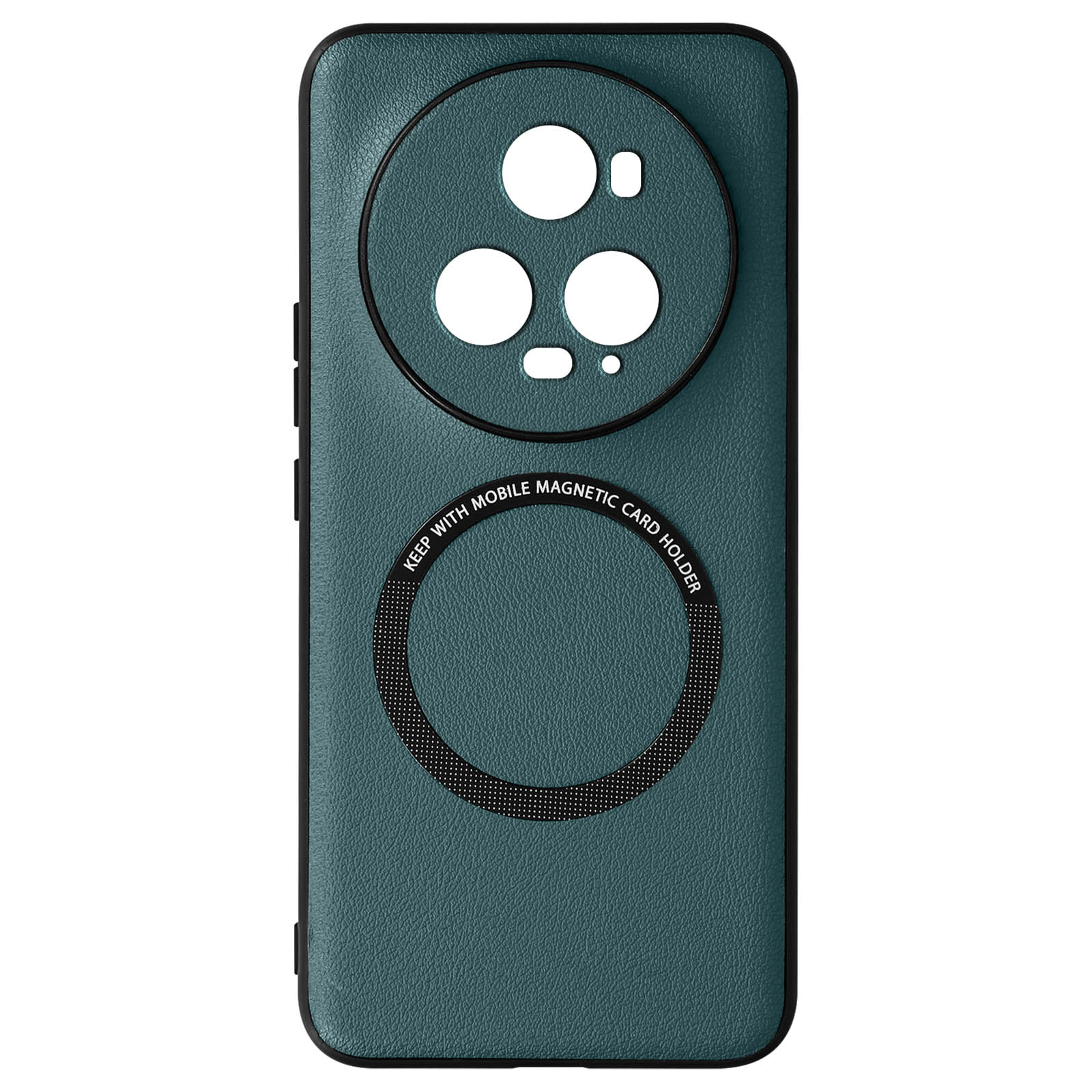 A teal phone case with a circular cutout for the camera and a magnetic holder.