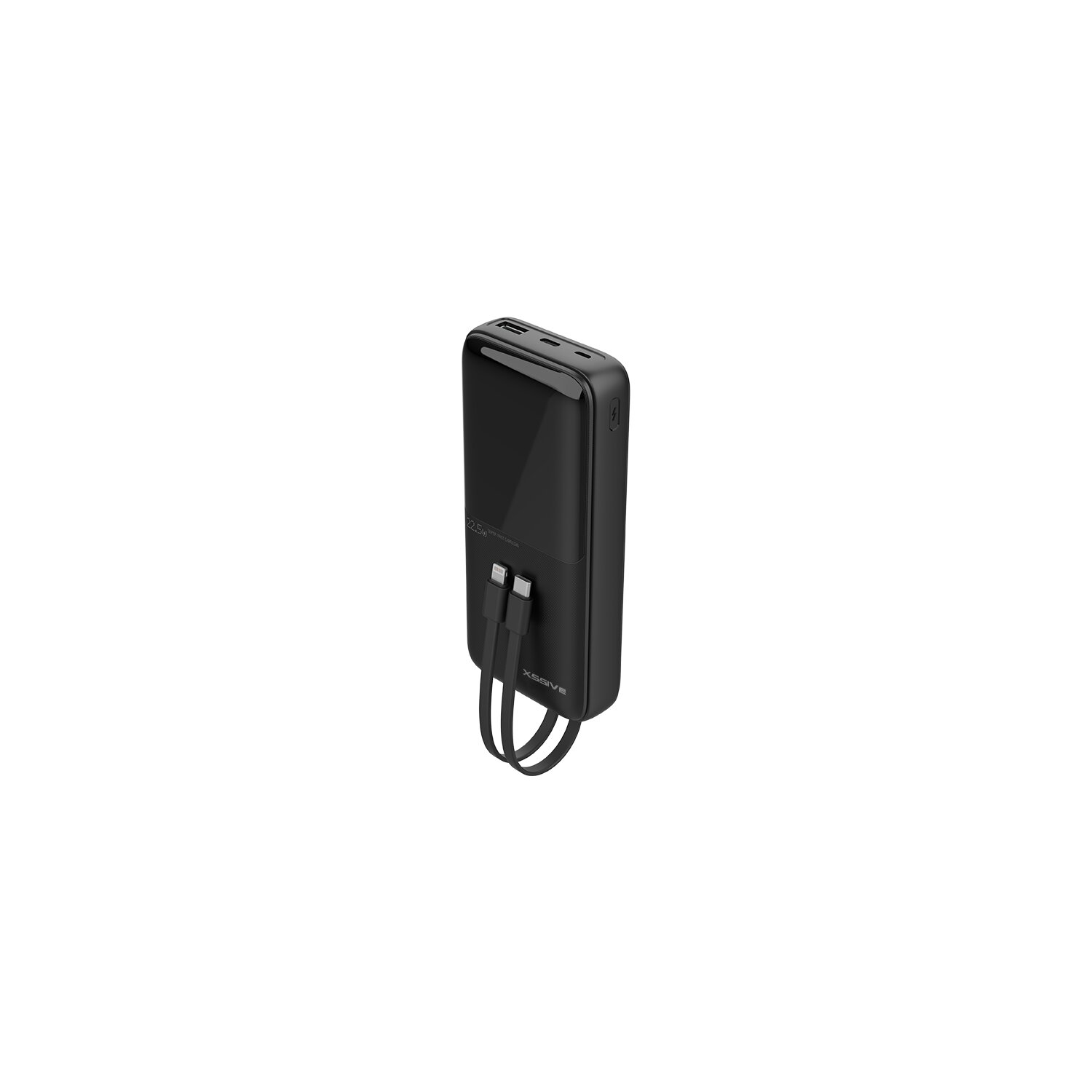 Schwarze Powerbank mit angeschlossenen Ladekabeln, isoliert auf weißem Hintergrund.