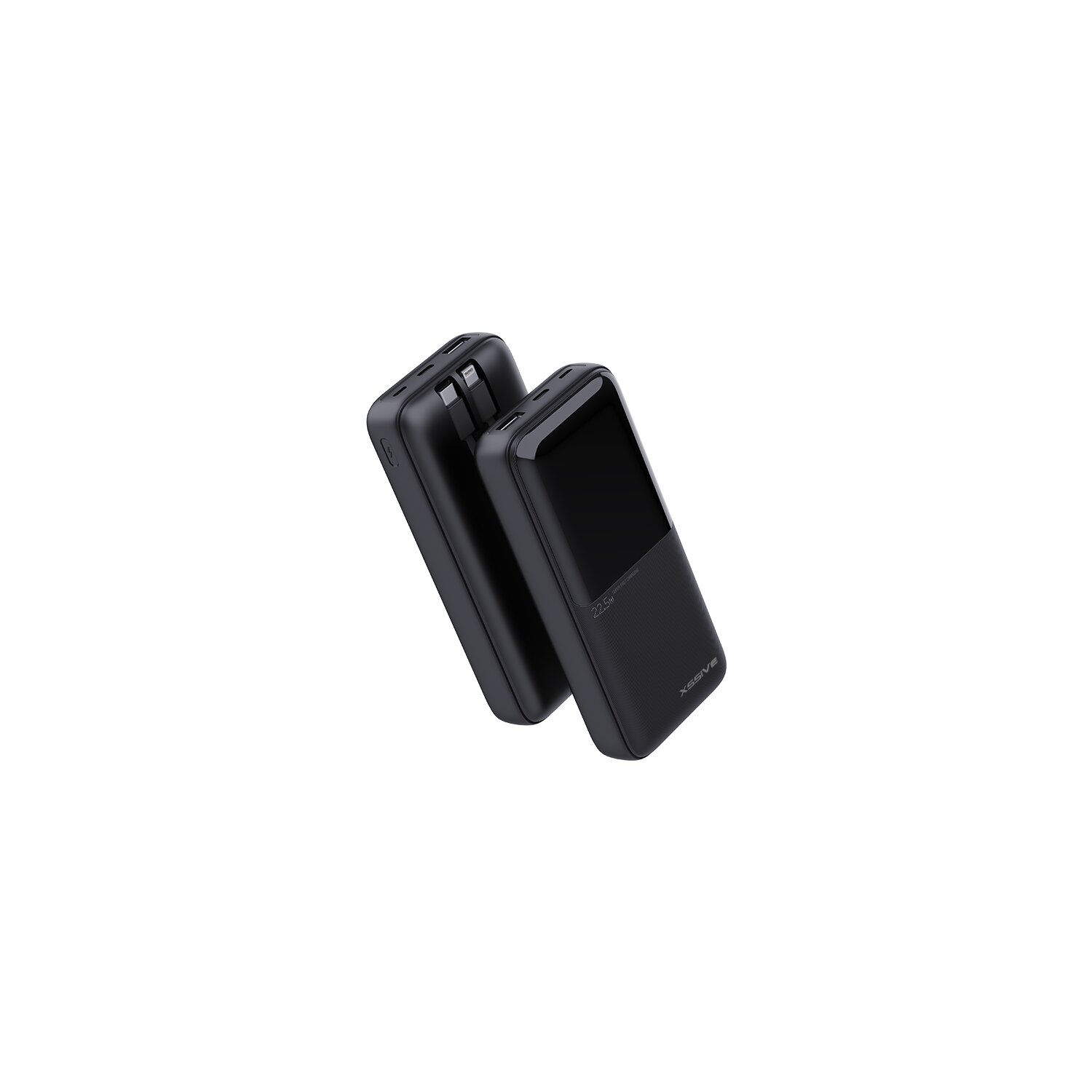 Zwei schwarze Powerbanks. Beide Powerbanks liegen nebeneinander und vor weißem Hintergrund.