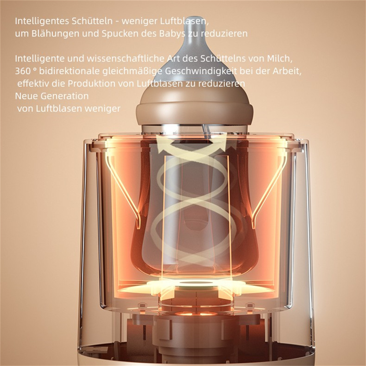 Babyflasche mit Heizgerät. Der Hintergrund ist weiß. Das Gerät ist transparent.