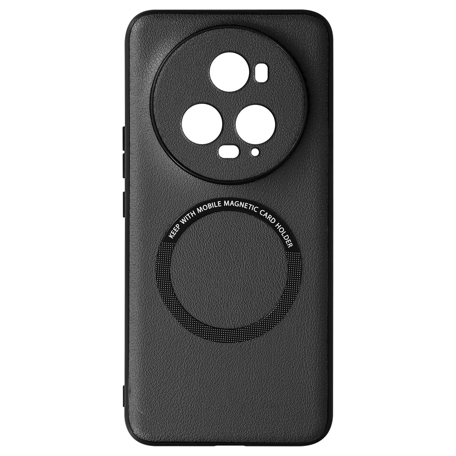 Black phone case with circular camera area and a magnetic card holder.