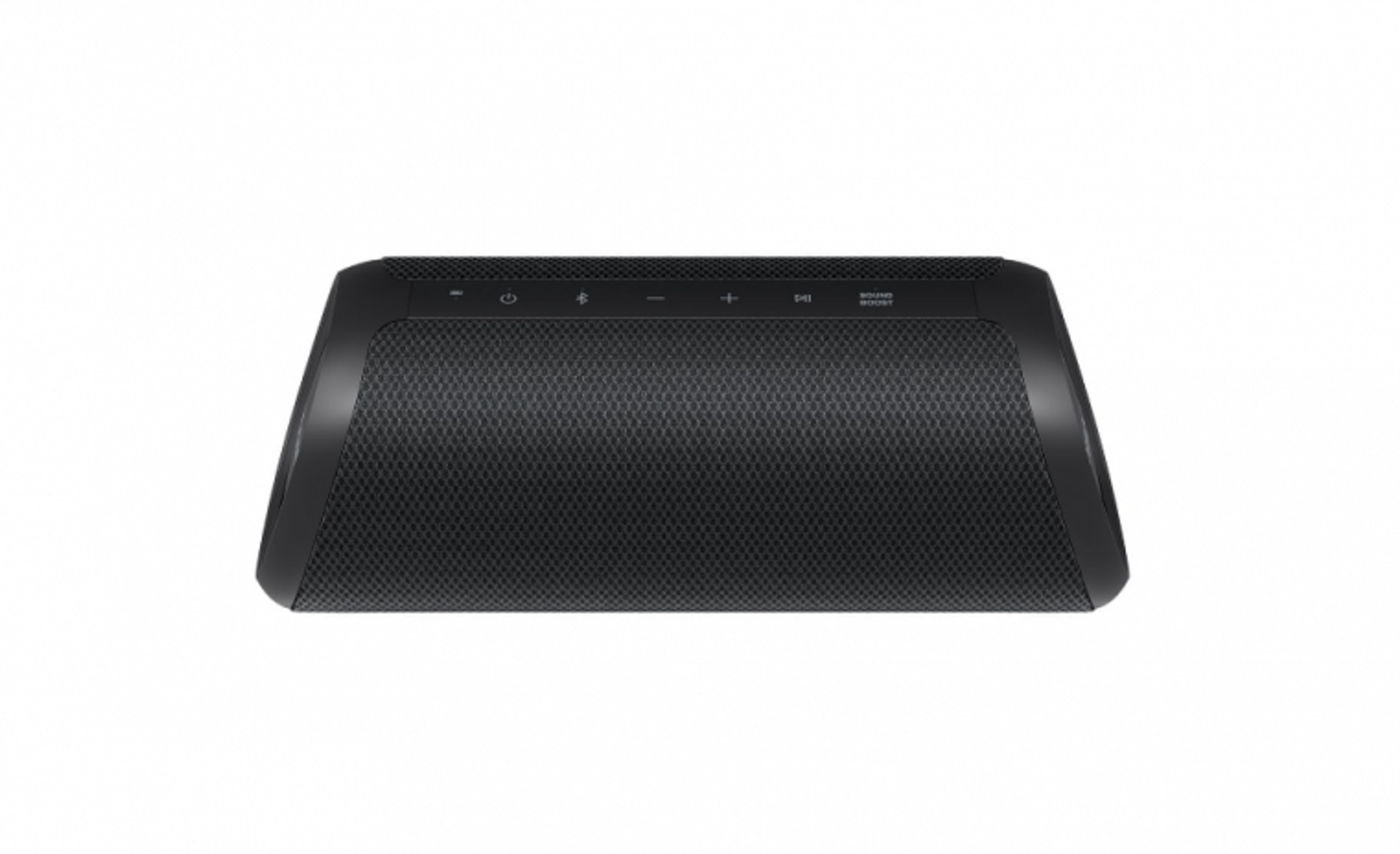 Czarny, prostokątny głośnik Bluetooth. Przyciski znajdują się na górze.