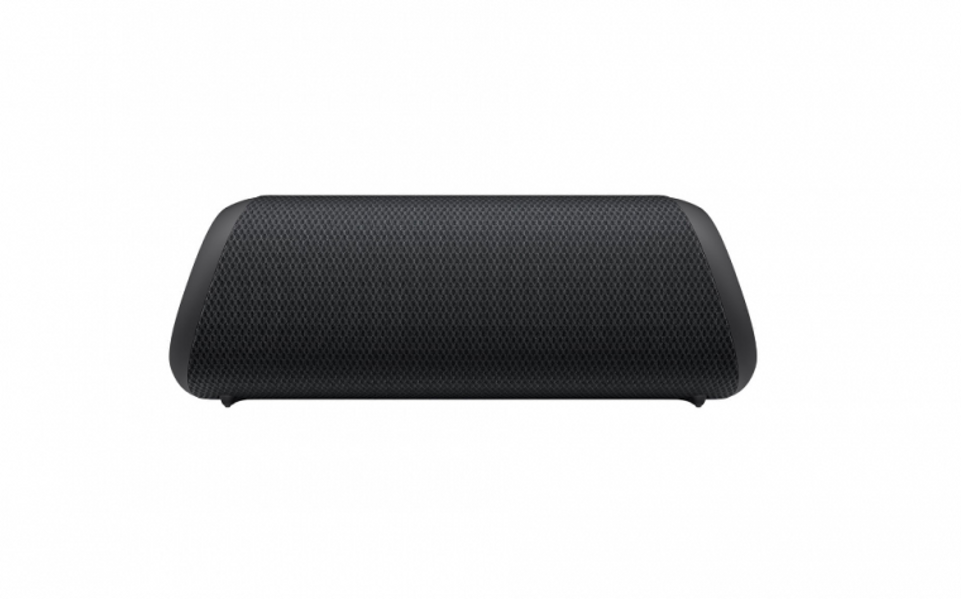 Czarny, prostokątny głośnik z zaokrąglonymi krawędziami. Białe tło.