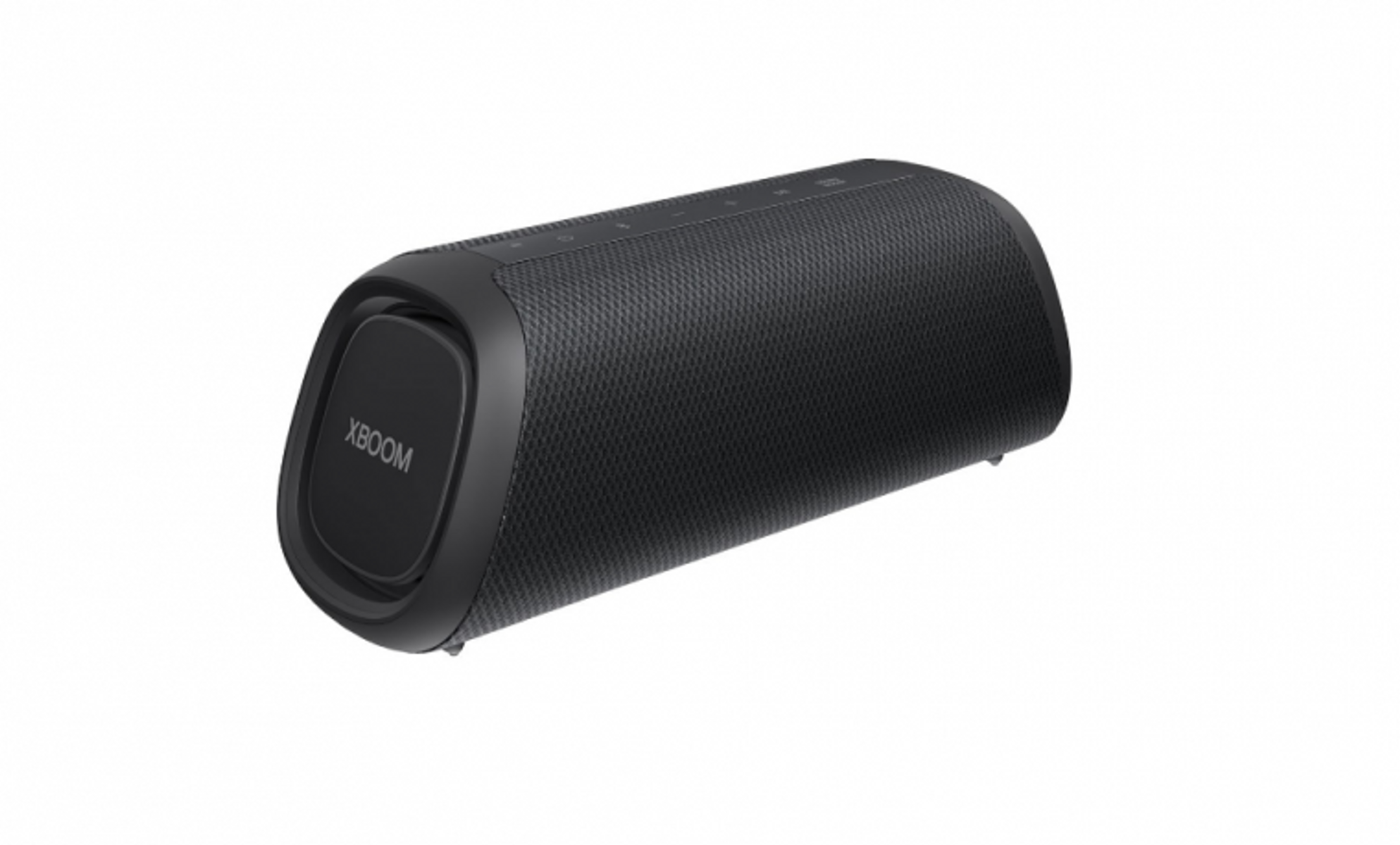 Czarny, cylindryczny głośnik Bluetooth z logo XBOOM na białym tle.