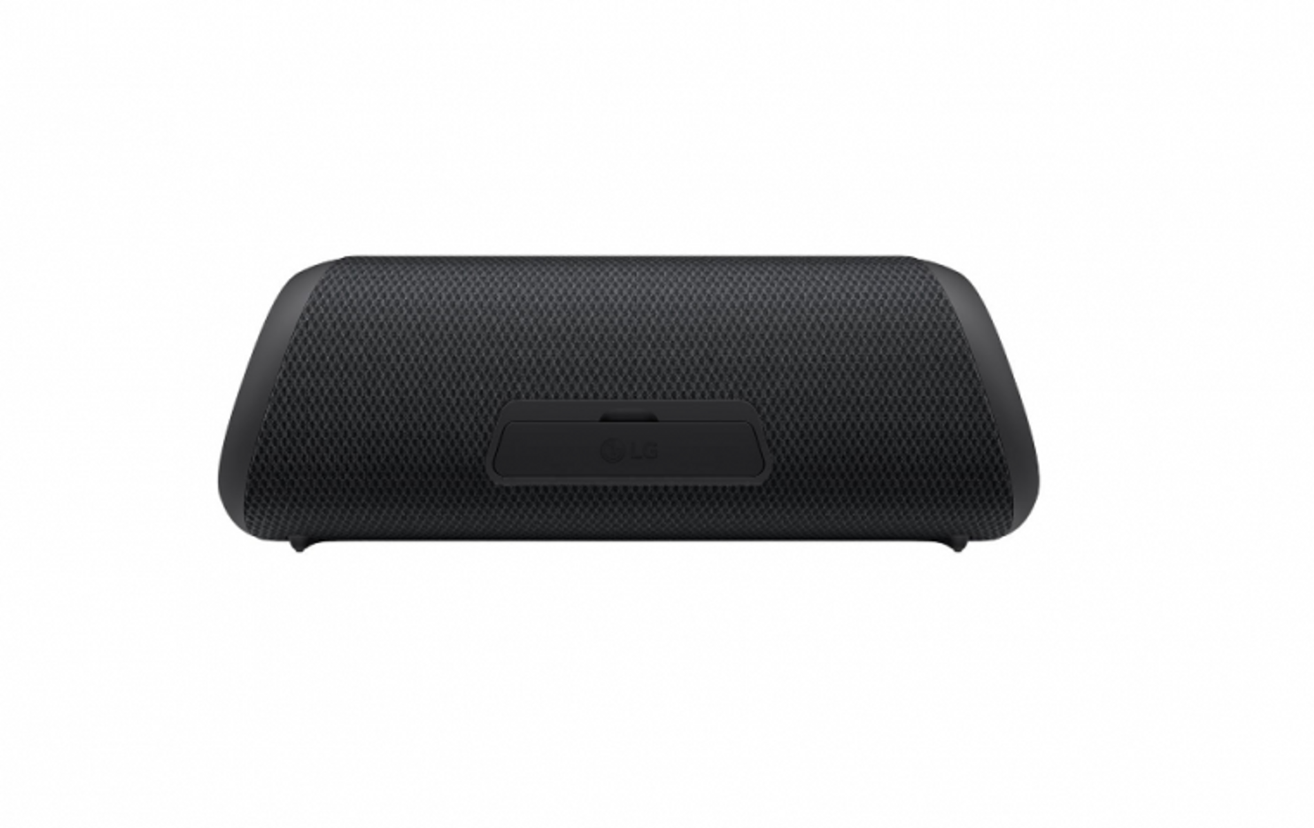 Czarny głośnik z materiałową osłoną i logo LG pośrodku.