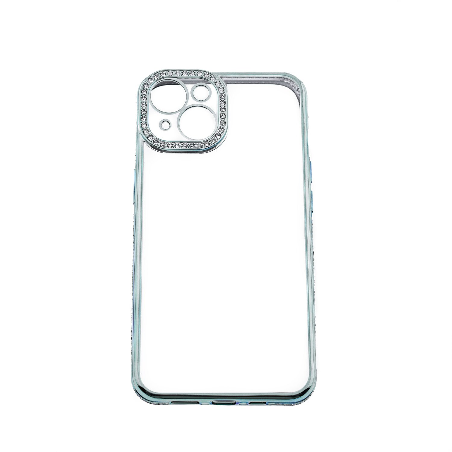 Custodia trasparente per telefono con cornice argentata e strass intorno alla fotocamera.