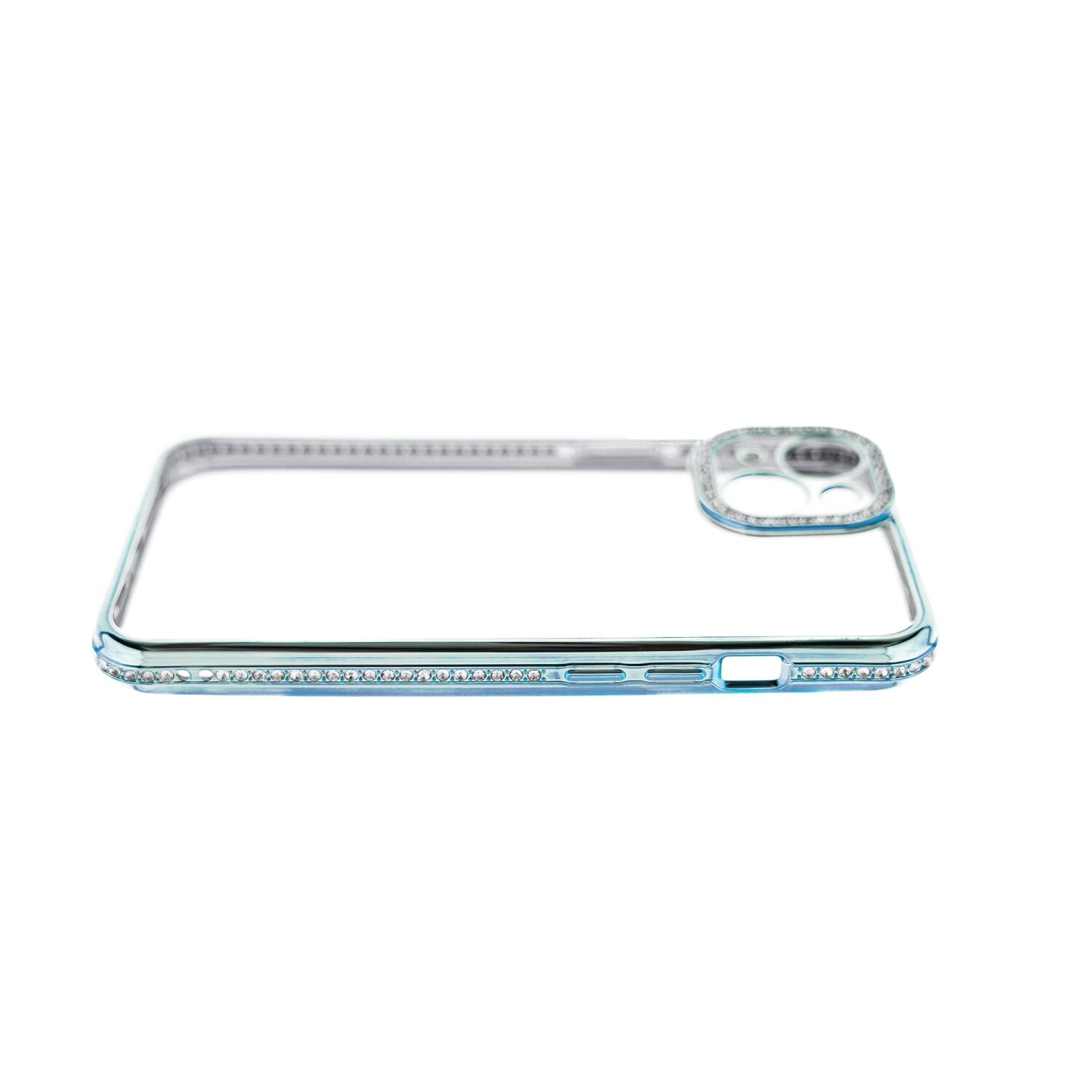Custodia trasparente per telefono con strass blu. Lo sfondo è bianco.