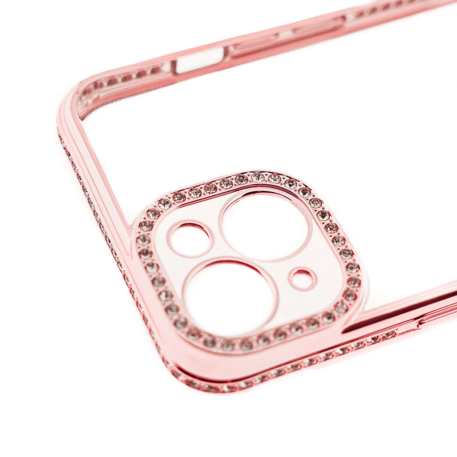 Roségoldenes Handycase mit Strasssteinen, Nahaufnahme.