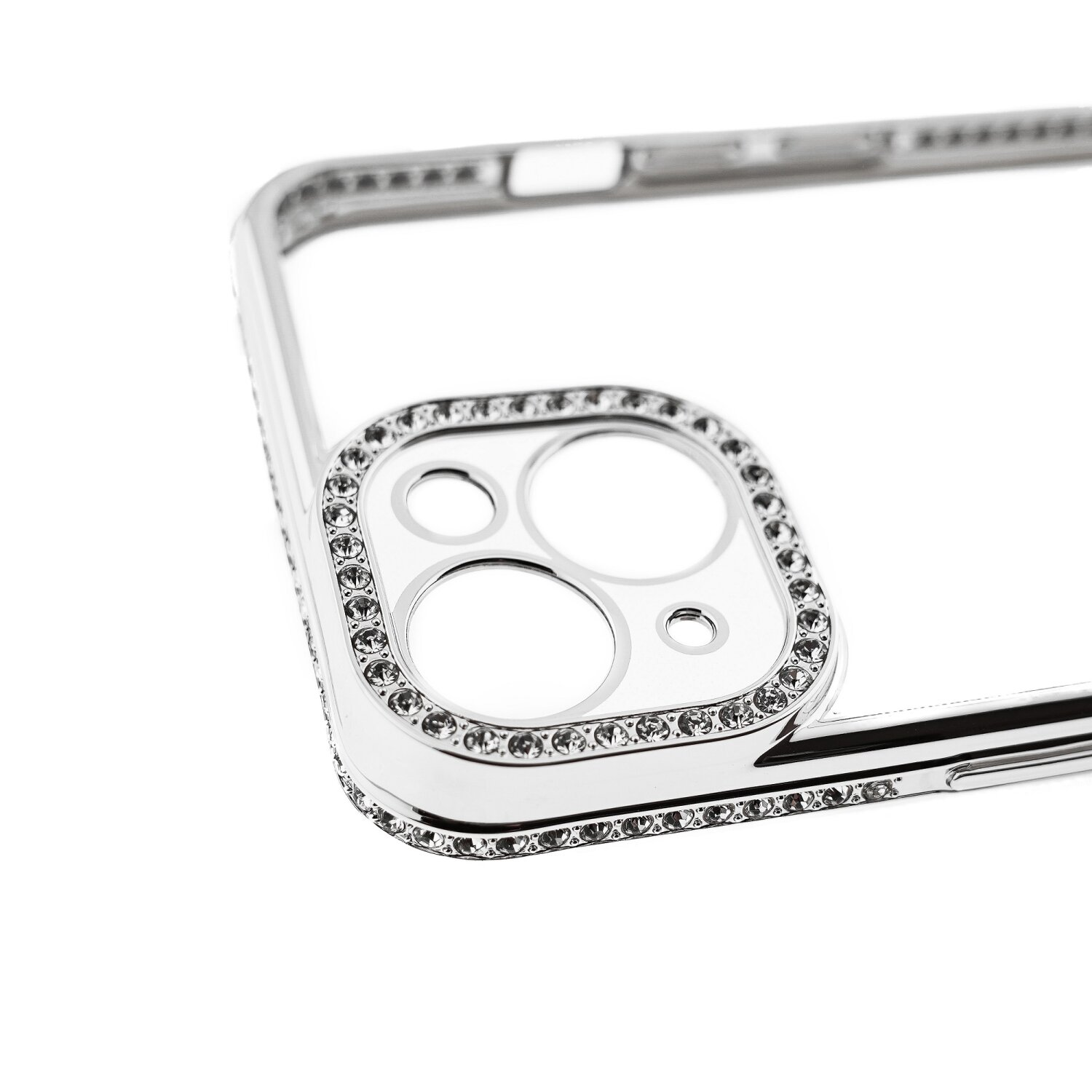 Custodia per telefono argentata con cristalli a forma di diamante attorno alla fotocamera. Sfondo bianco.