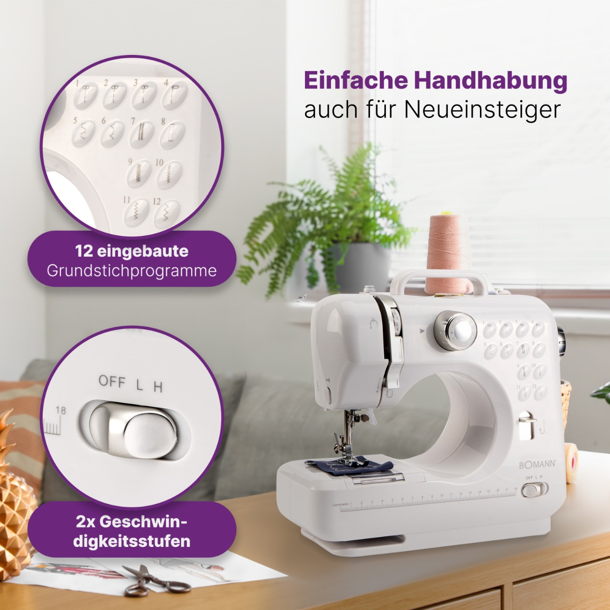 Biała maszyna do szycia ze szczegółami ponumerowanych przycisków i przełącznika, z ananasem i nożyczkami obok.