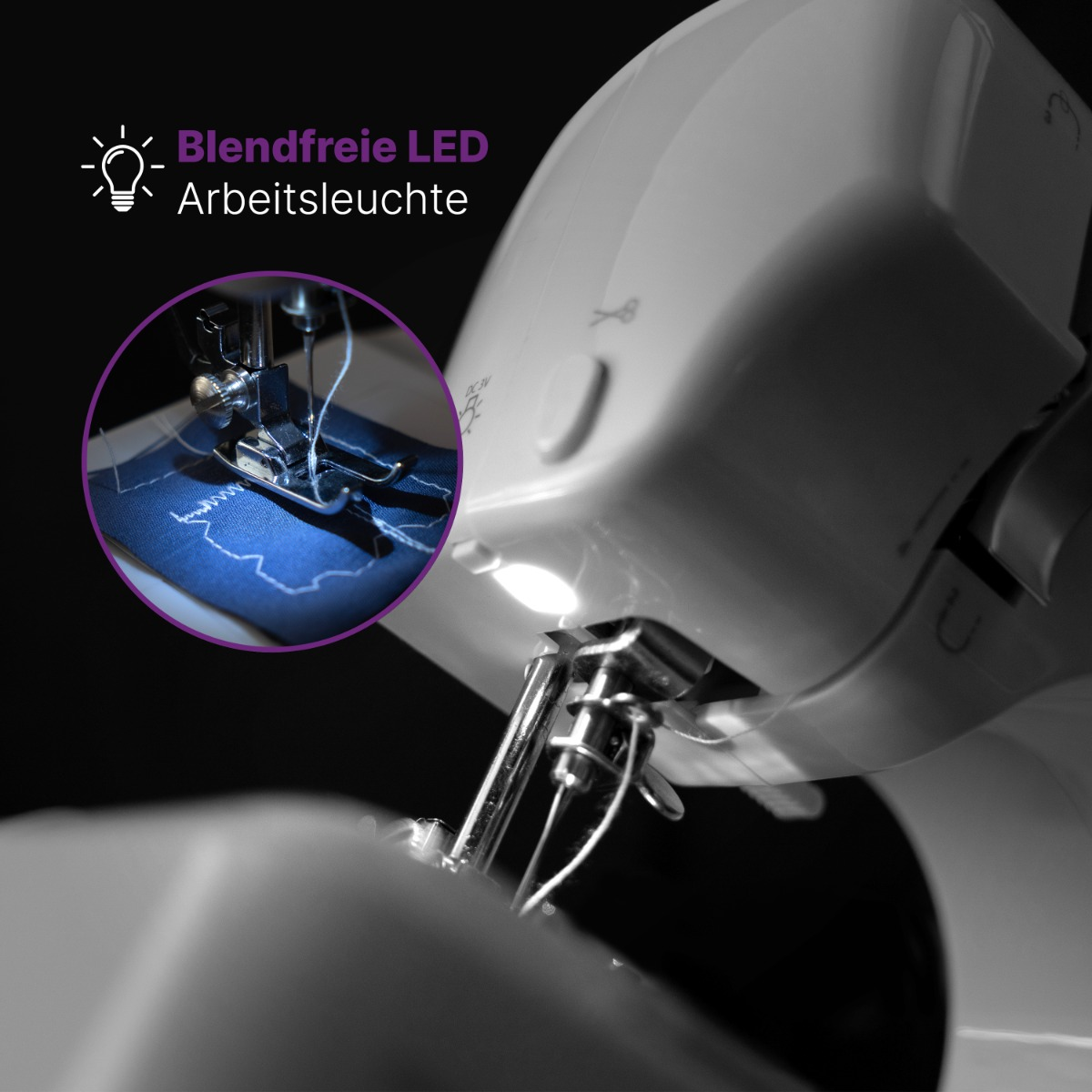 Zbliżenie maszyny do szycia ze światłem skupionym na igle.