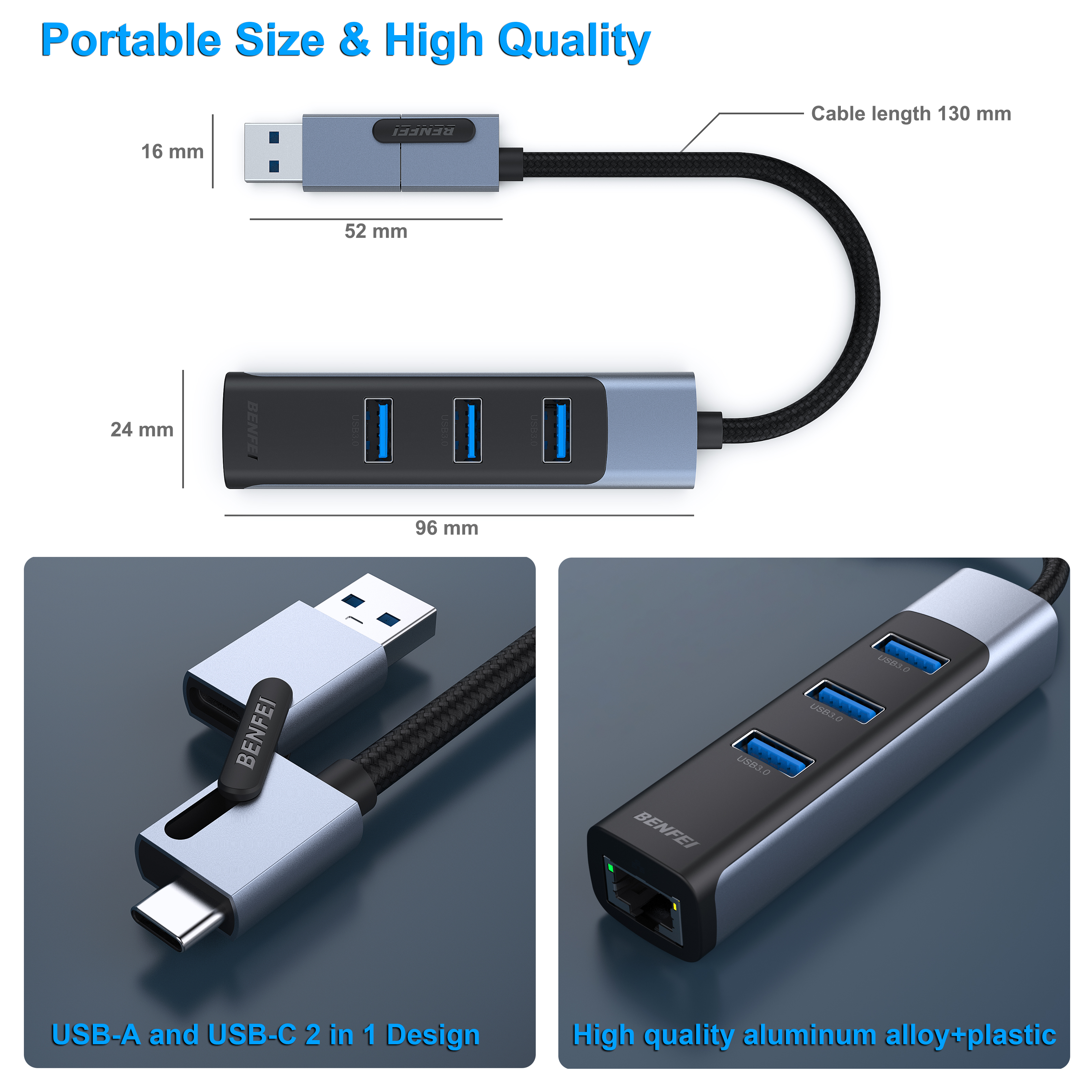 USB-Hub mit mehreren Anschlüssen und USB-C-Design. Das Produkt befindet sich in einer Box mit Abmessungen.