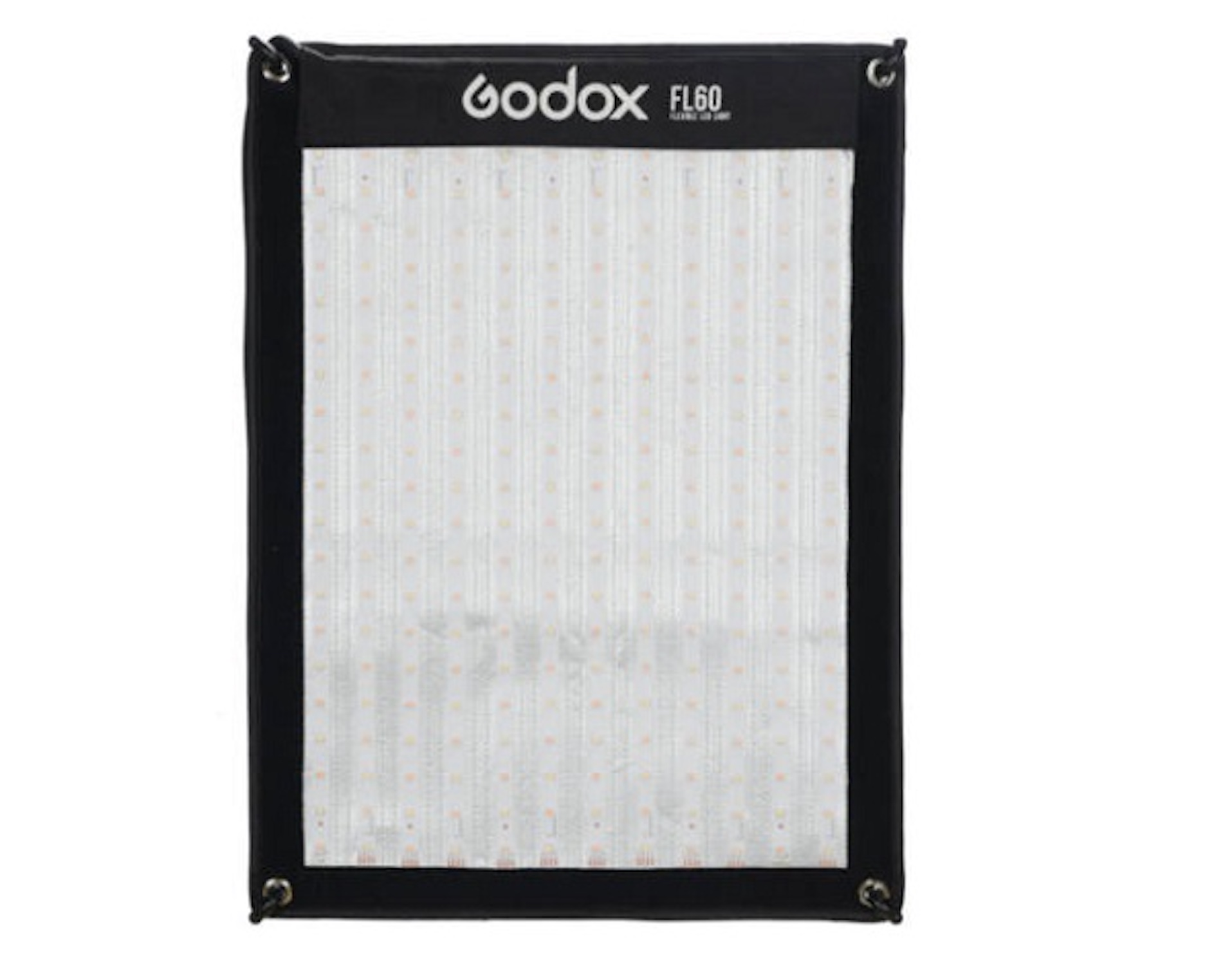 Lampe LED Godox FL60 noire rectangulaire. Panneau lumineux blanc avec bandes verticales.